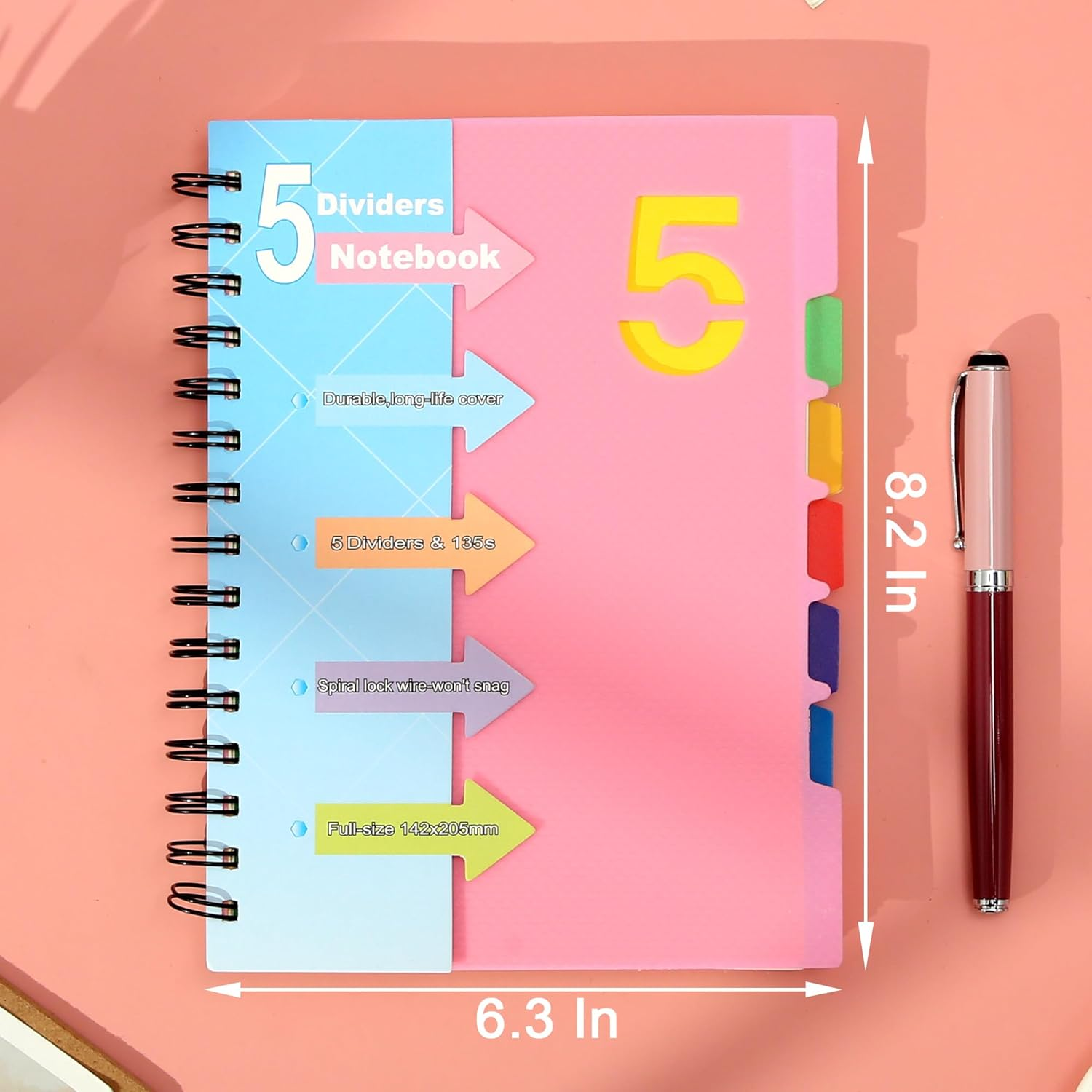 CAGIE 5 Subject Notebook with Removable Divider Tabs, A5 Spiral Notebook 5X7 Inch Lined Spiral Notebook for Women, 220 Pages Spiral Notebooks for School Note Taking, Pink image number 1