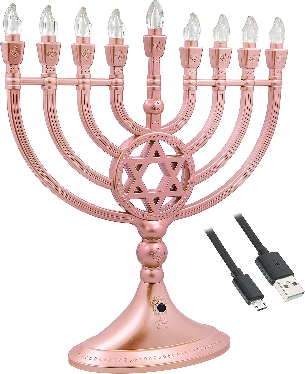 Traditional LED Electric Gold Hanukkah Menorah with Crystals - Battery or USB Powered - Includes a Micro USB 4' Charging Cable