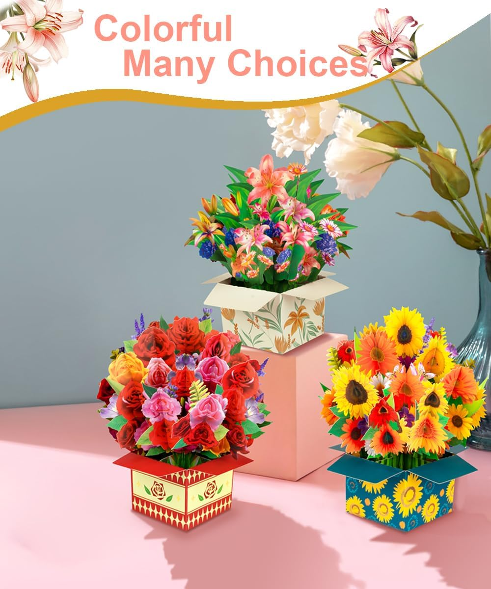 Magic Ants Flower Paper Pop-Up Cards - Bouquet 3D Popup Greeting Card - Pop-Up Birthday Card for Mum - Anniversary Card Thank You Card for Women, Mother'S Day - Envelope Included (Lily)