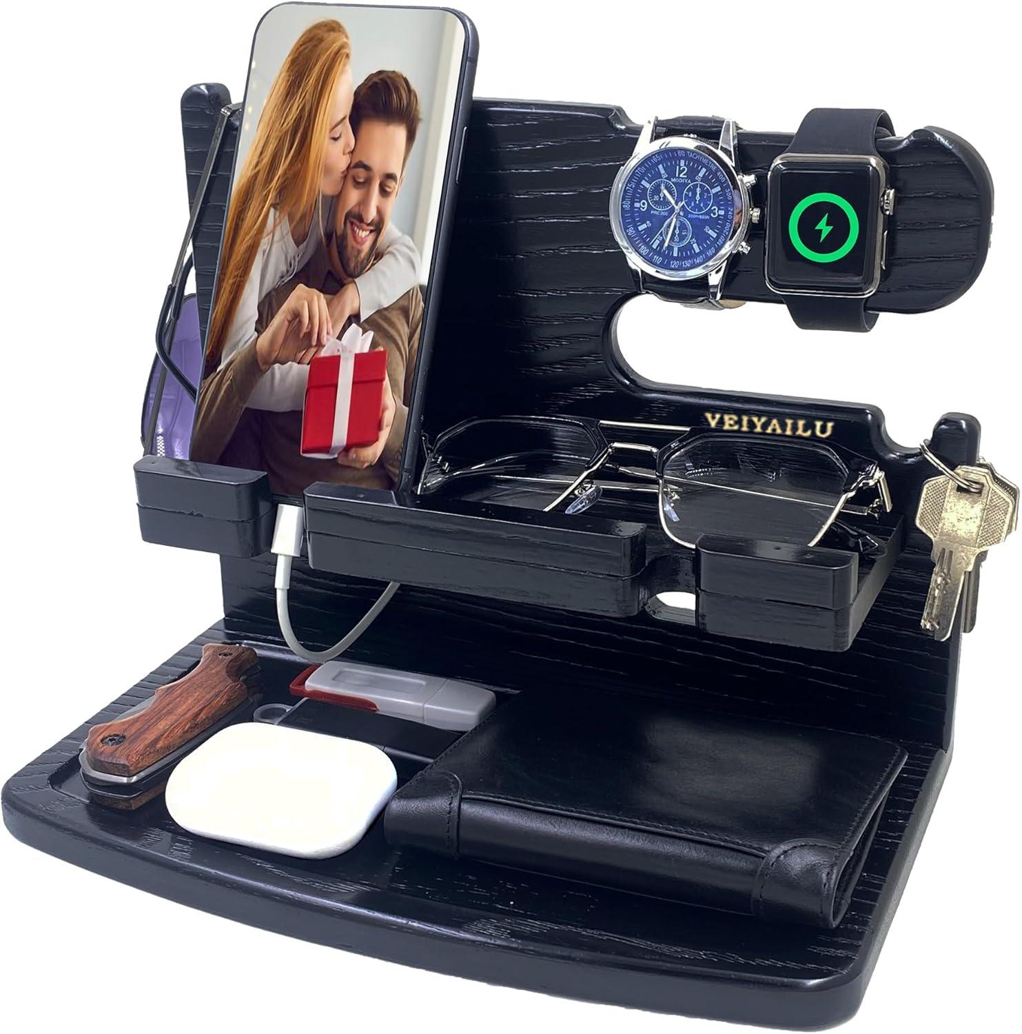 Gifts for Men Women Dad Husband Boyfriend Wood Phone Docking Station Nightstand Organizer for Men Birthday Gifts (Dark Brown)