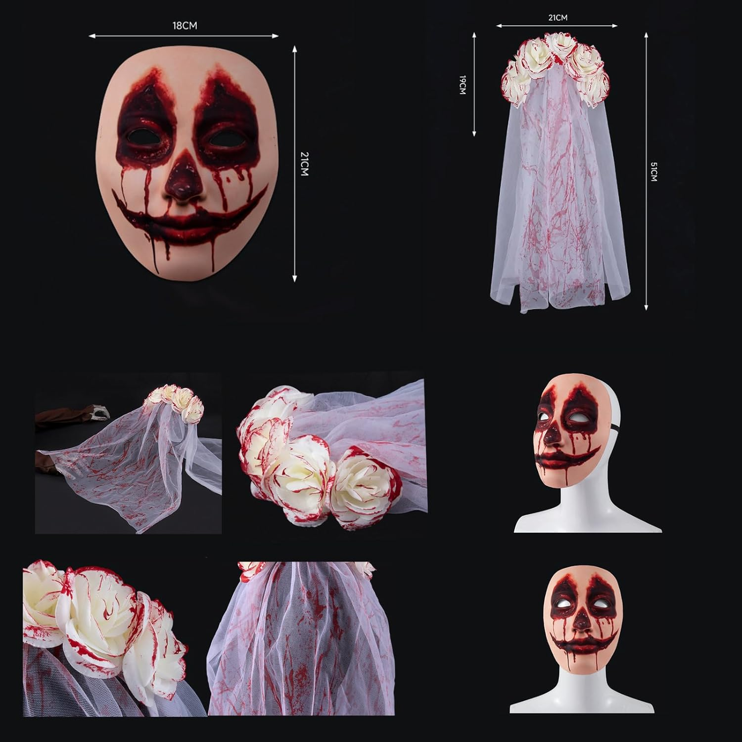 Halloween Mask,Scary Halloween Mask with Veil - Ghost Bride Costume Set for Women, Horror Party Accessories, Day of the Dead Makeup image number 5