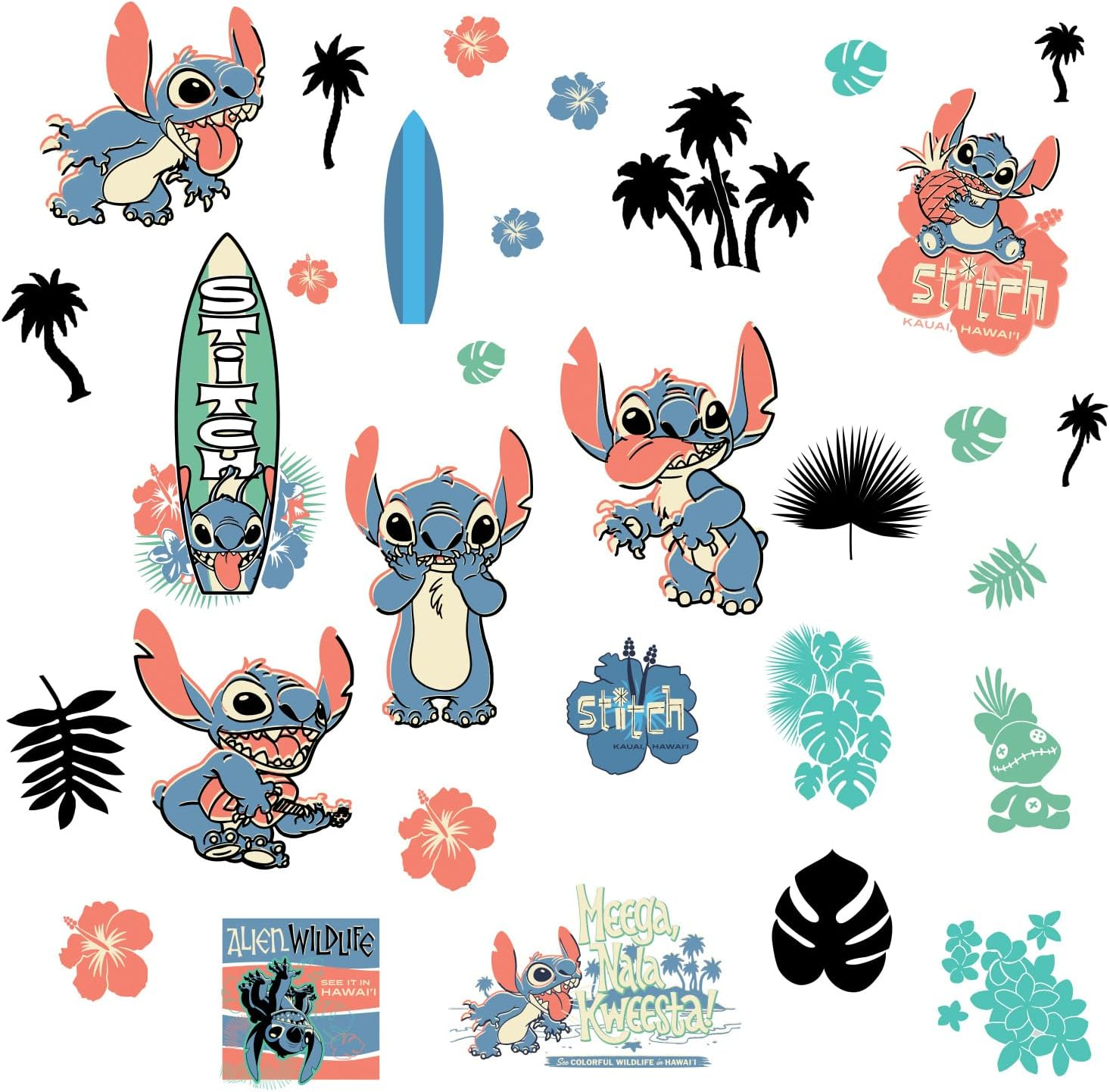 Roommates RMK5367SCS Stitch Surf'S up Peel and Stick Wall Decals, Pink, Blue, Green, Black image number 5