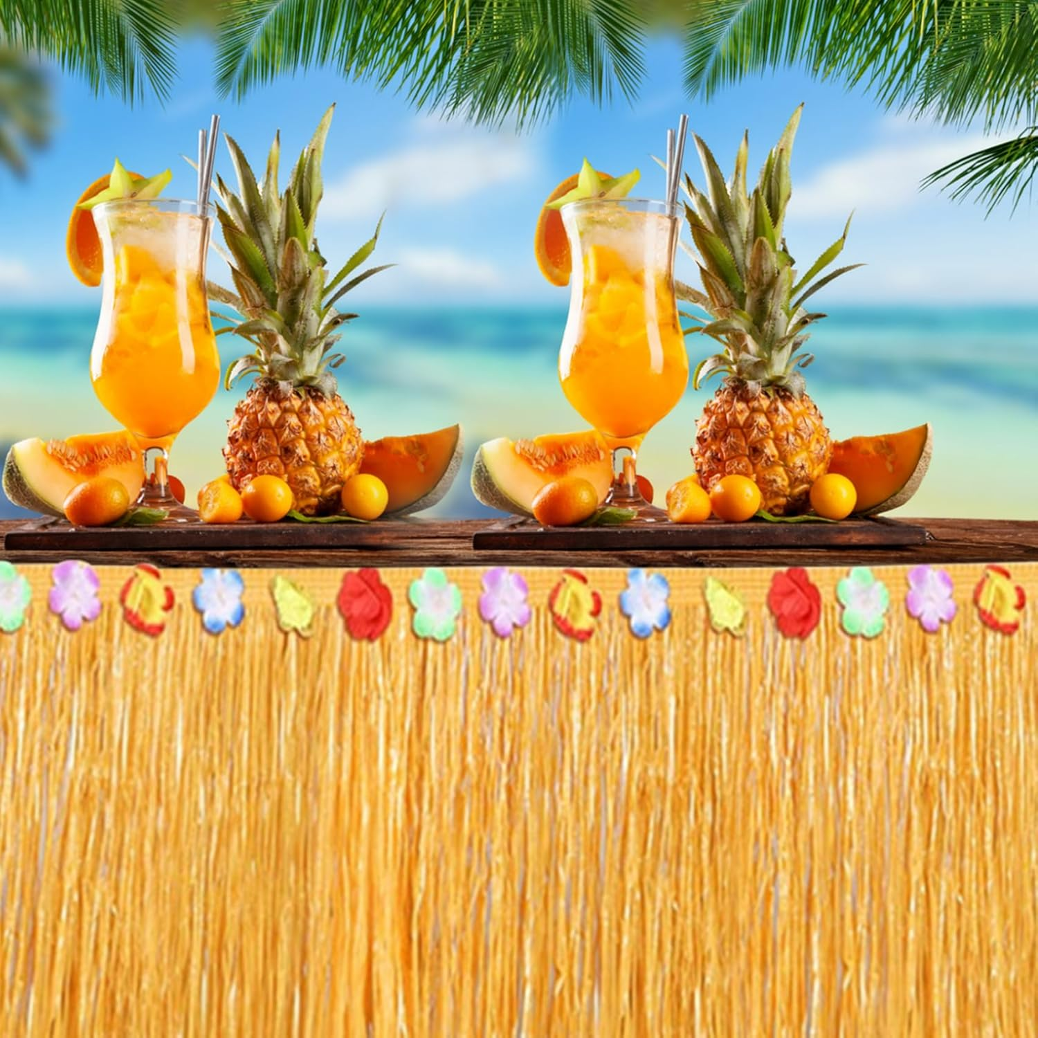 4 Pcs Luau Grass Table Skirt, Hawaiian Luau Hibiscus Table Skirt Faux Flowers Table Hula, Grass Skirt Table Fringe Luau Table Decorations, Party, Events, Birthdays, Celebration Decoration image number 4