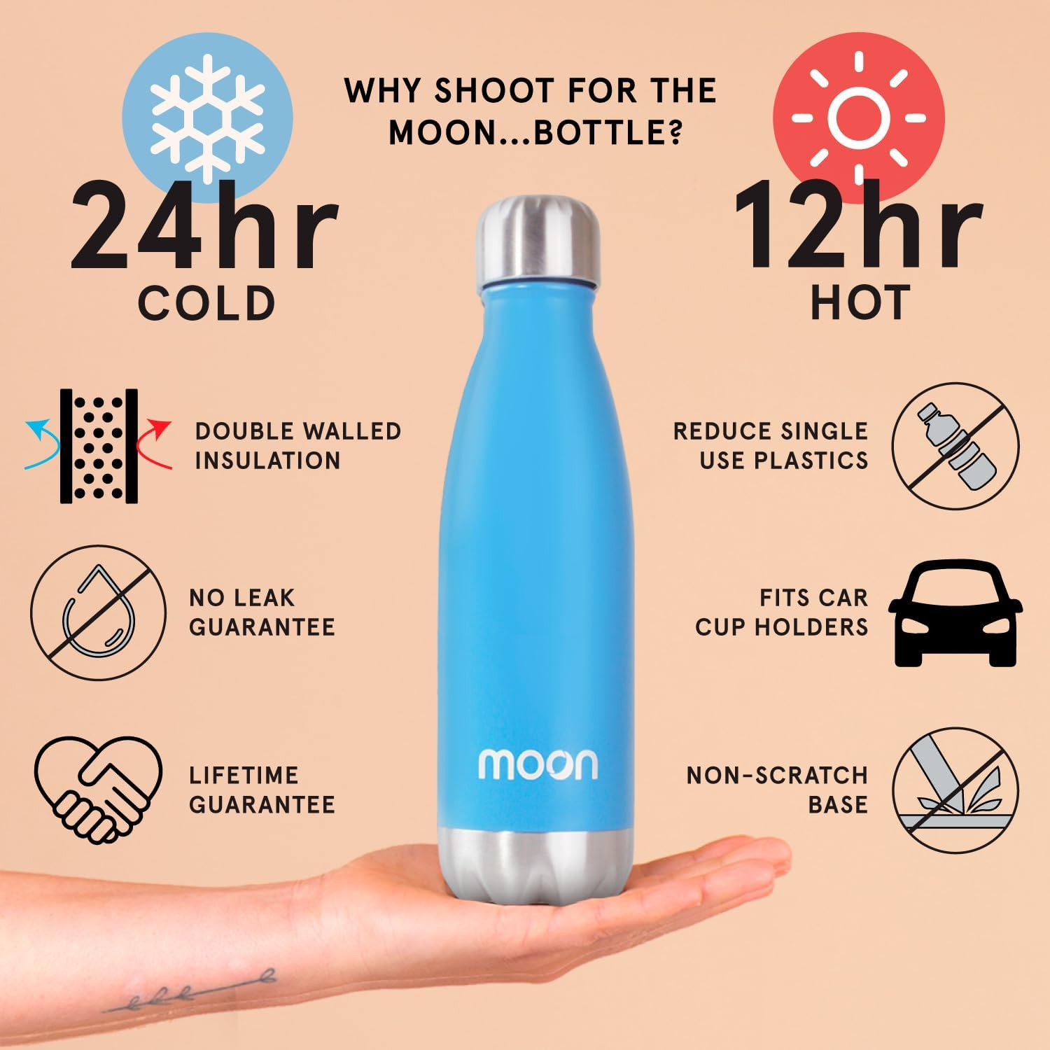 Moon Bottles - Insulated Flask That Lasts Forever - Stainless Steel Drink Bottle, Reusable Metal Water Bottle, 24Hr Cold, 12Hr Hot, Double Walled Vacuum Flasks, Australian Company (500Ml, Sky Blue) image number 6