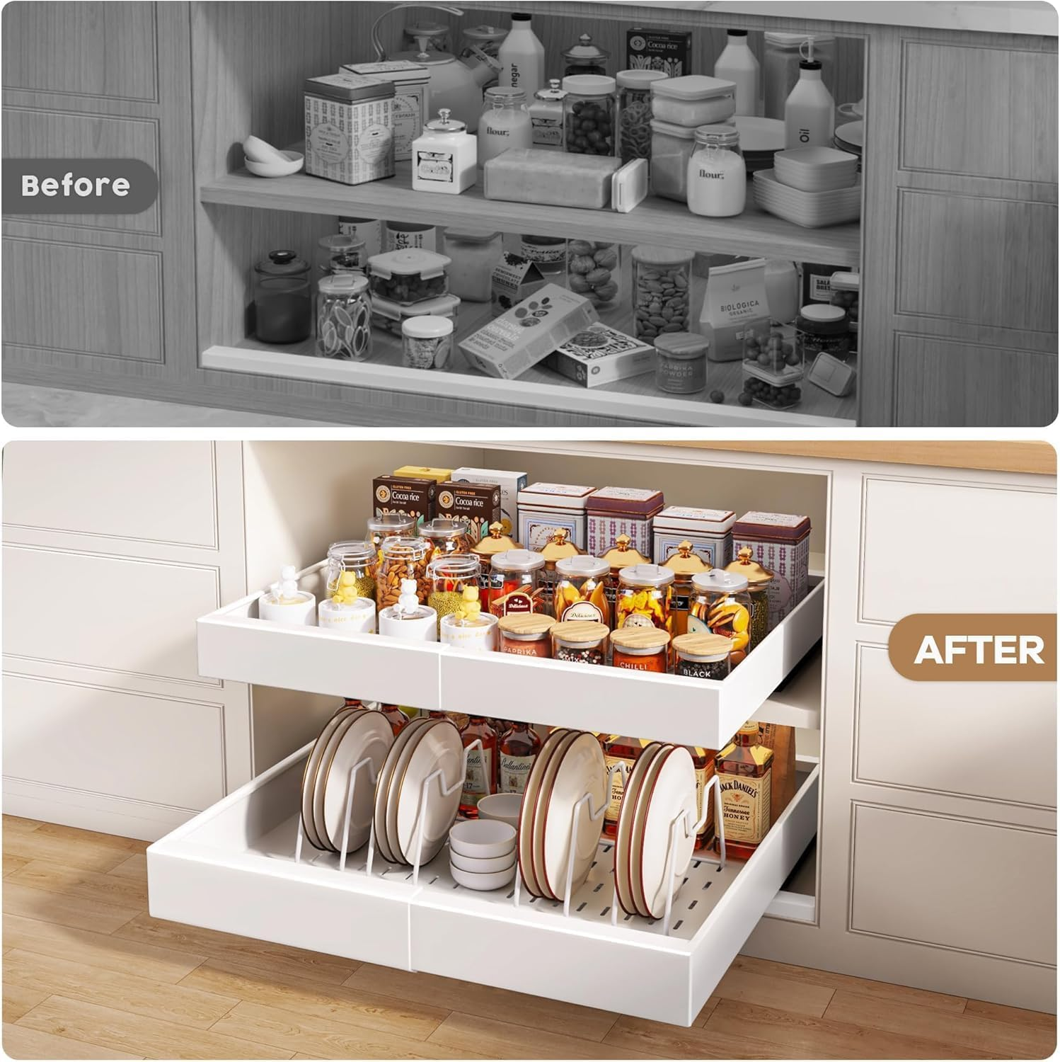 2 Pack Pull Out Cabinet Organizer with Raising Pad for Framed Cabinets, 53Cm Deep Expandable Slide Out Drawers for Kitchen Cabinets with 4Pcs Divider Racks, Roll Out Shelves 32Cm-52Cm W White image number 5