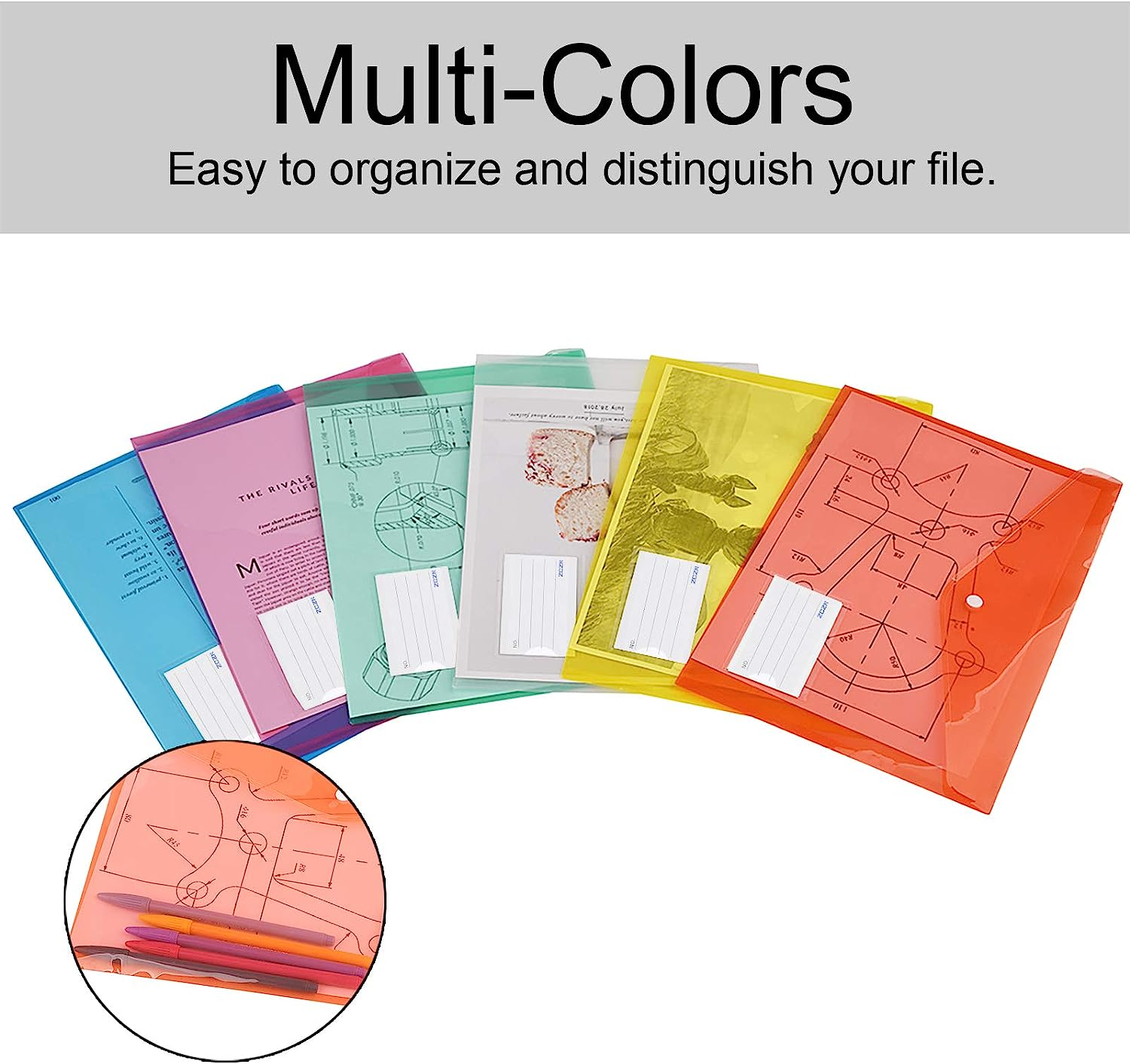 ZCZN 24 Pack Plastic File Folder Envelopes with Label Pocket, 6 Transparent Assorted Colours Document Folders image number 2