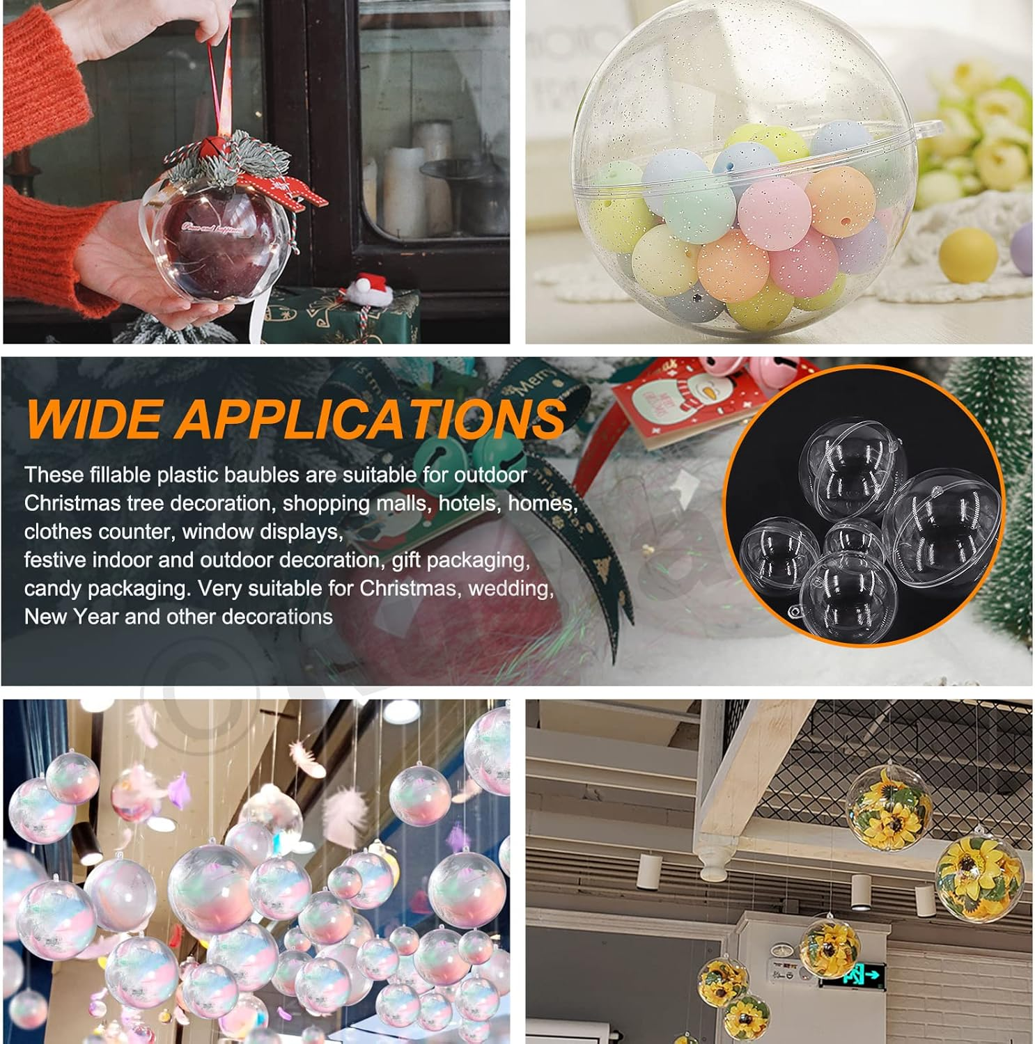 35Pcs Clear Plastic round Fillable Balls Christmas Ornaments DIY Craft Balls Assortment Kit Fillable Decor for Wedding Christmas Crafts Decoration (Round-4,5,6,7,8Cm Dia.)