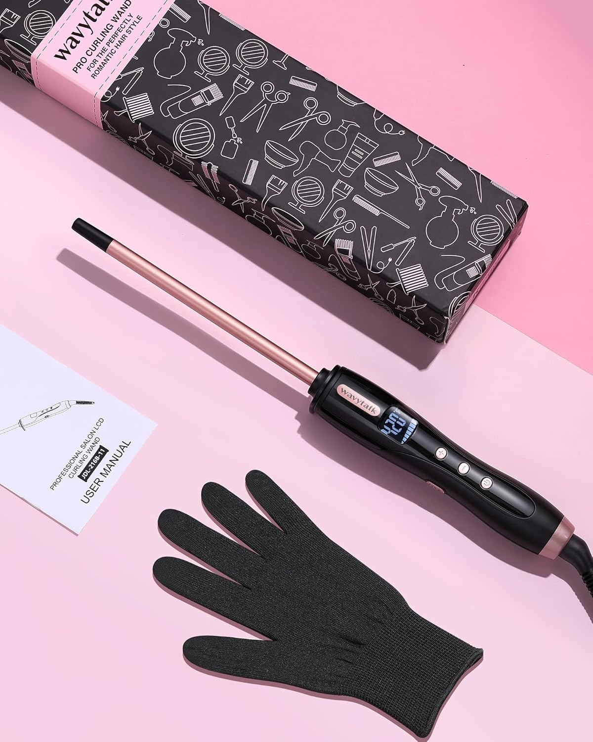 Wavytalk Small Curling Iron, 3/8 Inch Ceramic Barrel Wand for Short & Long Hair, Adjustable Temperature, Includes Heat Resistant Glove (Rose Pink) image number 3