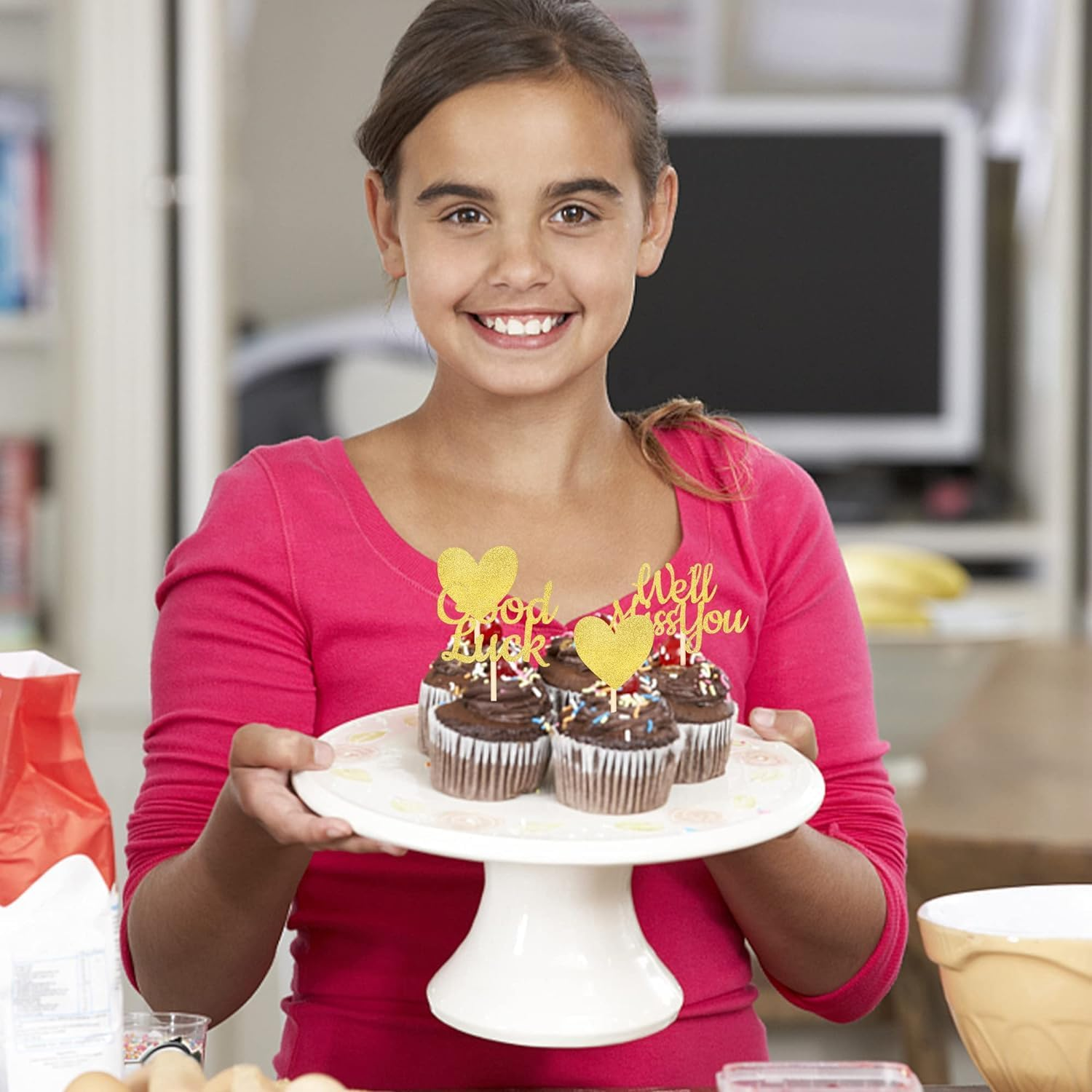 24 Pack We Will Miss You Cupcake Toppers Glitter Red Love Heart Good Luck Cupcake Picks Retirement Theme Going Away Party Cake Decorations (Gold)