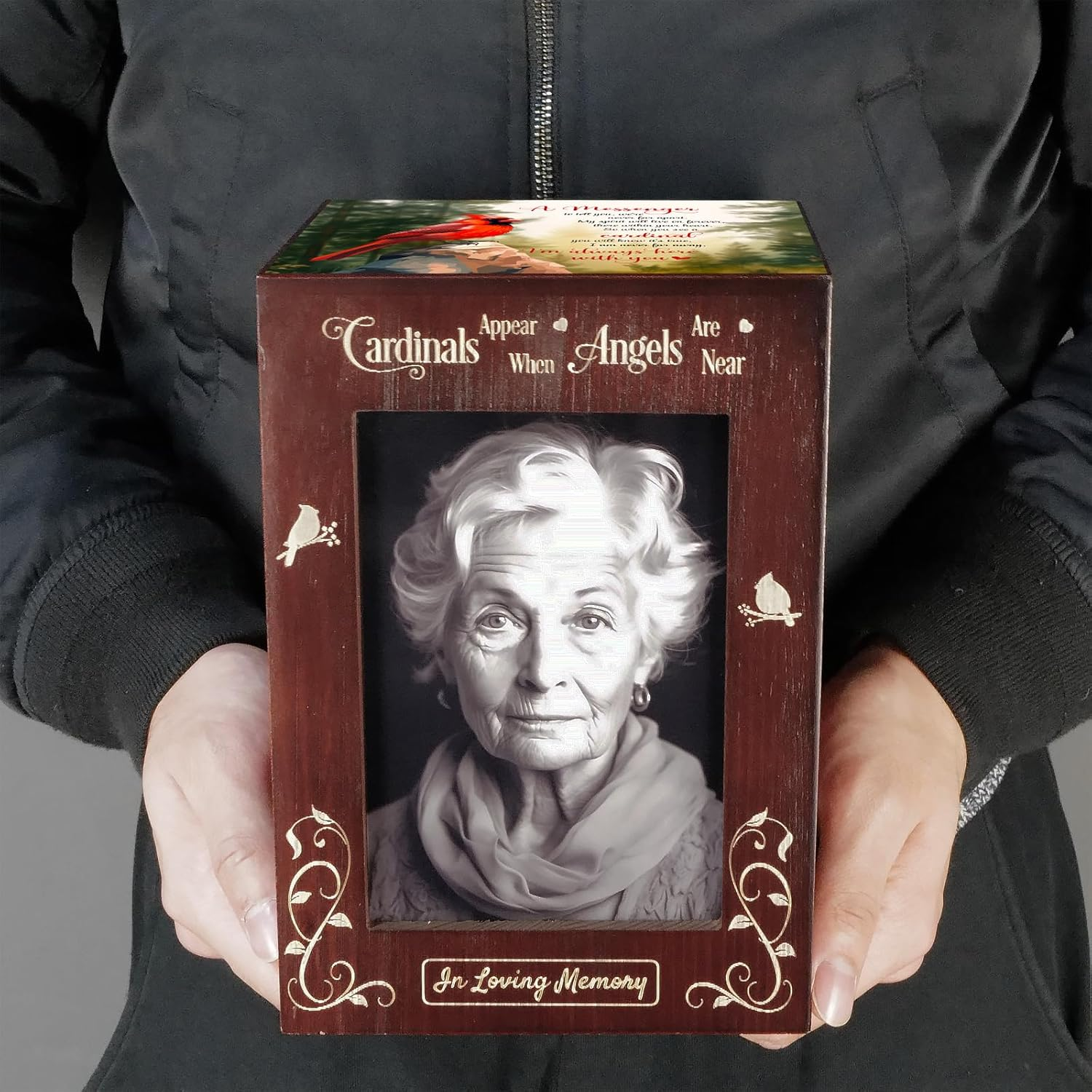 Wooden Cremation Urns with Photo Frame for Human Ashes Adult Female Male, Wood Urns Box and Casket, Funeral Decorative Urn with Picture for Adults up to 200 Lbs (Large, Cardinal) - Hummingbird image number 6