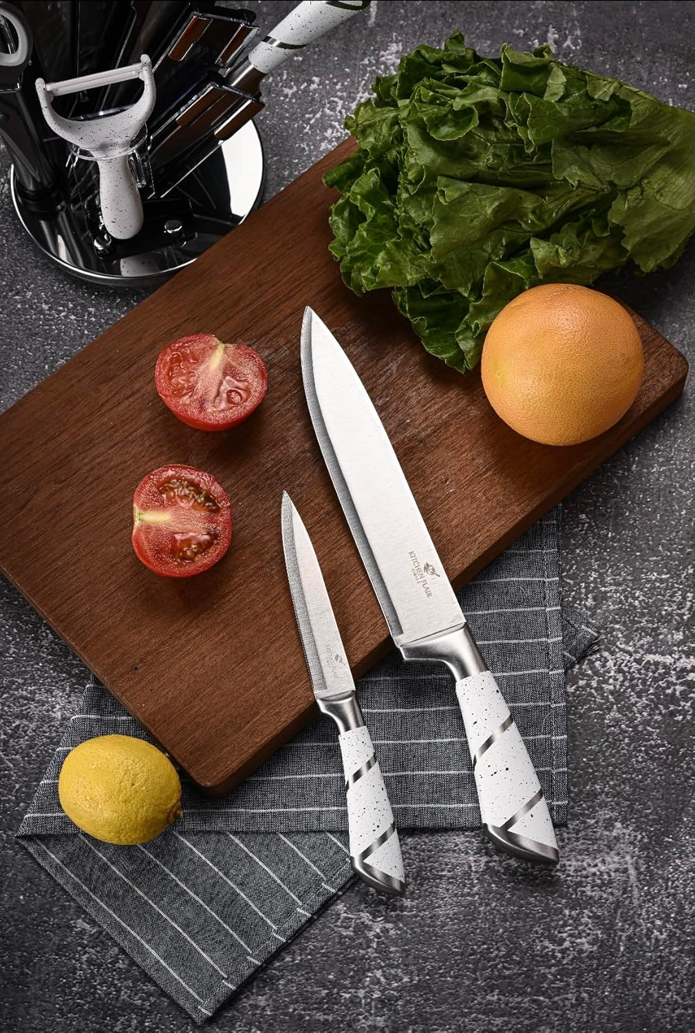 Knife Set 9Pc Stainless Steel, Professional Chef Knives with Ultra Sharp Blade, 360 Degree Rotating Block Stand, Pristine Marble White image number 2