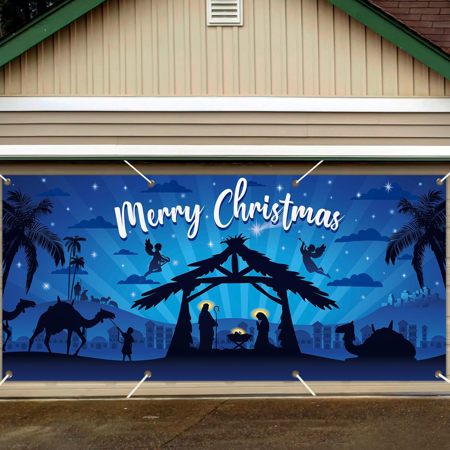 Gisgfim Outdoor Holy Nativity Christmas Holiday Garage Door Banner Cover Large Manger Scene Religious Blue 2023 Christmas Backdrop Decoration - Big Size 6X13Ft image number 2