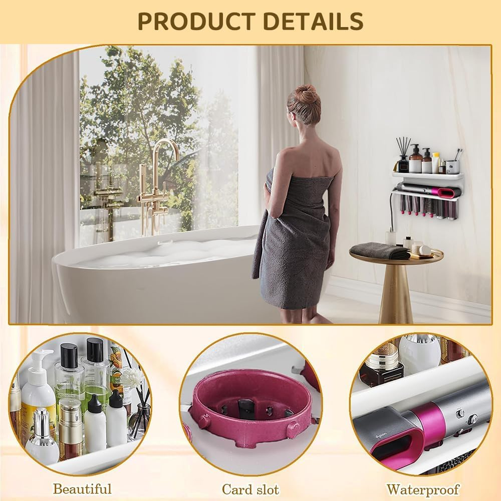 Wall Mounted Holder Compatible with &ndash; Space Aluminum 2-Tier Storage Rack for Curling Iron, Hair Dryer & Attachments &ndash; Bathroom Organizer Shelf image number 6