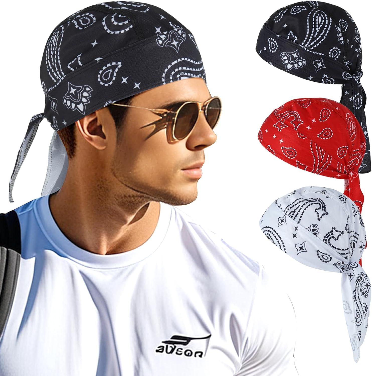 GERINLY 3 Pcs Do Rags for Men Skull Cap Breathable Bandana Hat Sweat Wicking Helmet Linner Beanie for Cycling Motorcycle