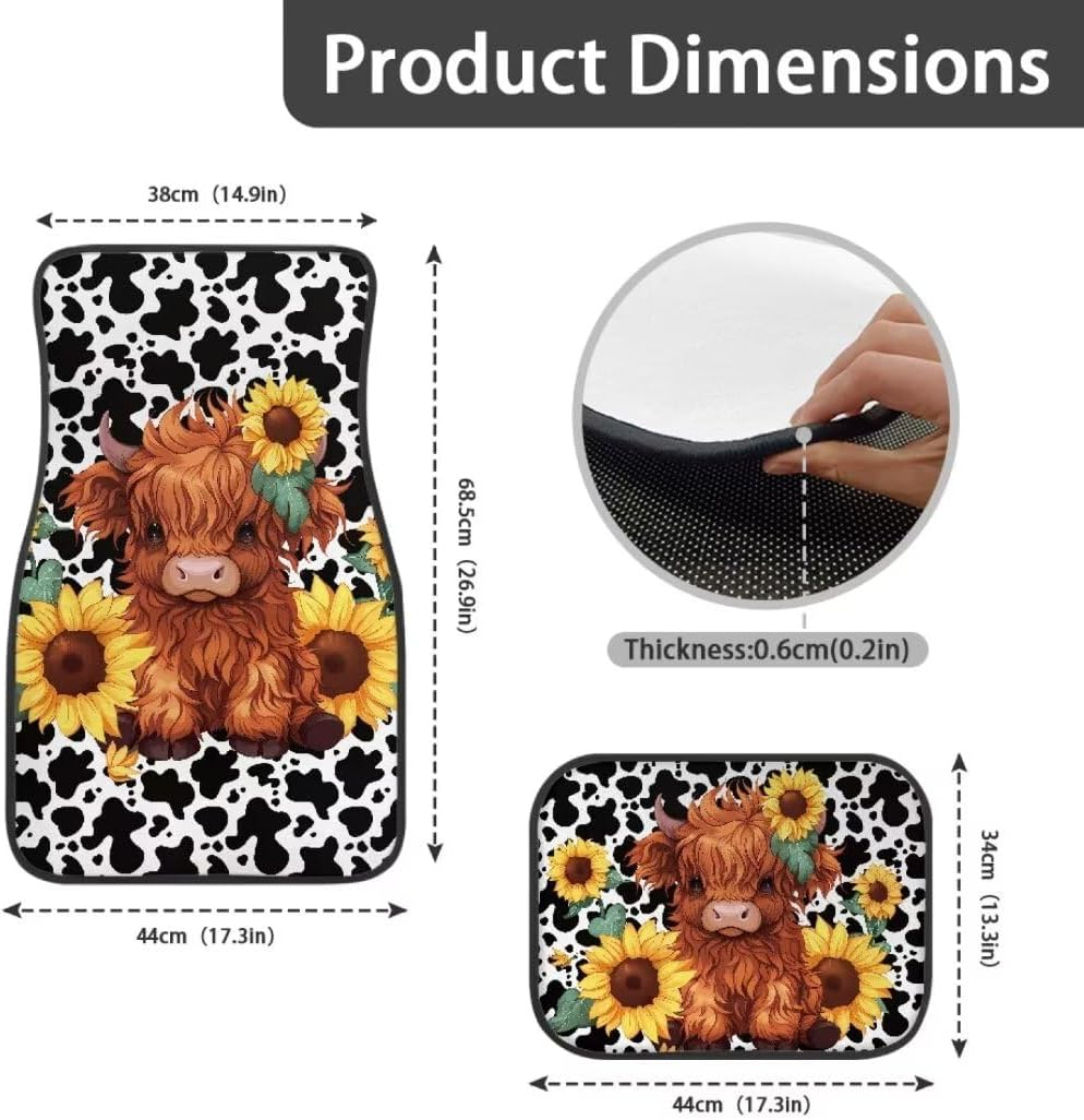 Allhaitong All Weather Car Floor Mats Universal Fit Automotive Suv,Sedan,Van Car Interior Accessories 4-Piece Car Protector Mat Highland Cow Sunflowers Print image number 3