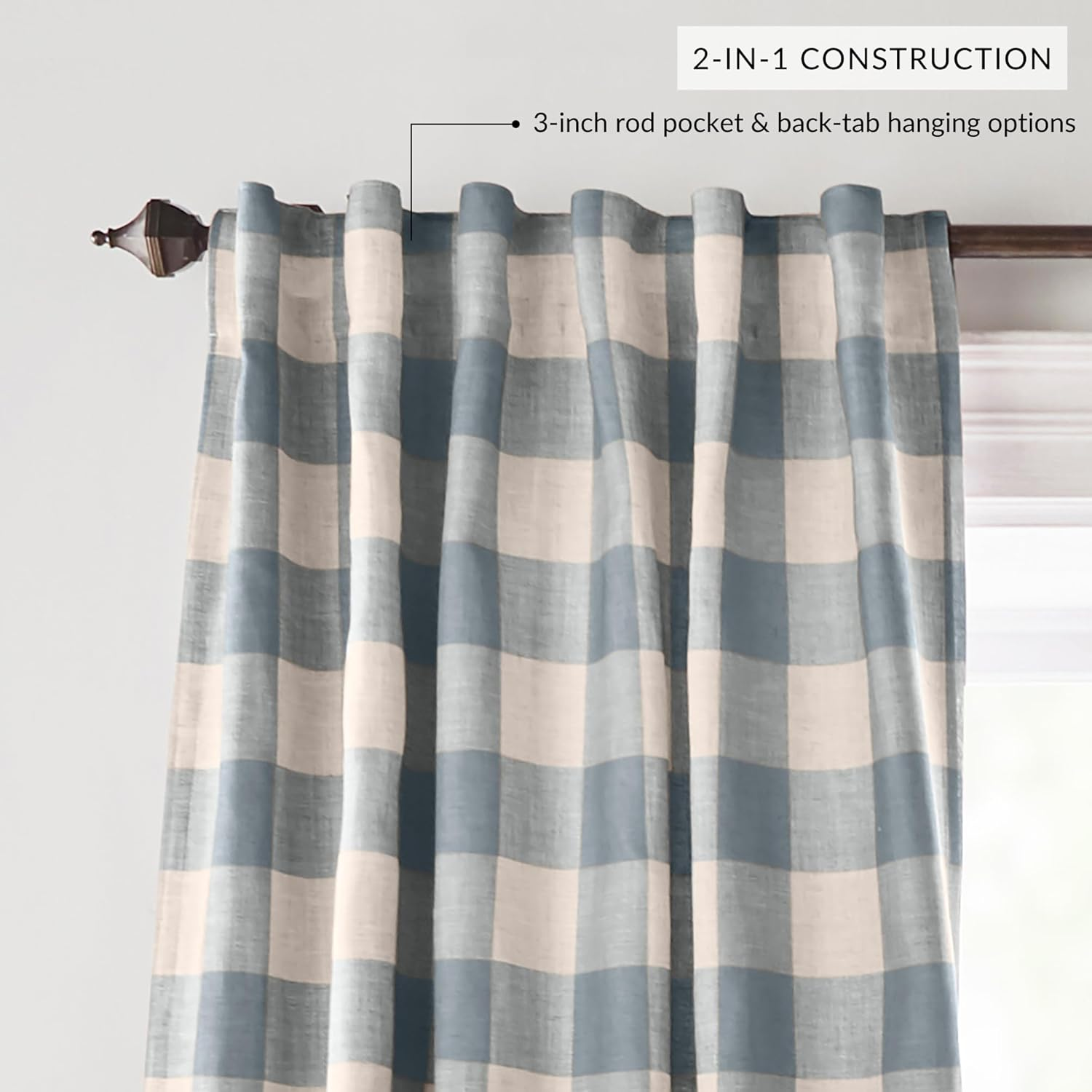 Elrene Home Fashions Farmhouse Living Grainger Buffalo-Check Blackout Window Curtain, Living Room and Bedroom Drape with Rod Pocket Tabs, 52" X 95", Chambray, 1 Panel - Grey image number 3