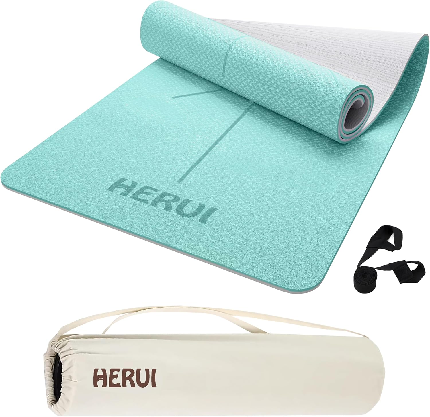 HERUI Yoga Mat with Alignment Lines - Anti-Slip TPE Exercise Mat for Yoga & Pilates - 183CM X 61CM X 6MM - Includes Carry Bag, Perfect for Beginners & All Levels