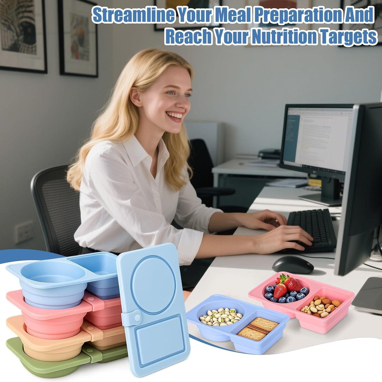 4 Pack Silicone Reusable Snack Containers with Lids, Double Compartment Snackle Box Containers, Salad Dressing Sauce Seasoning Container, Small Mini Food Snack Boxs for Travel, Office, Picnic image number 4