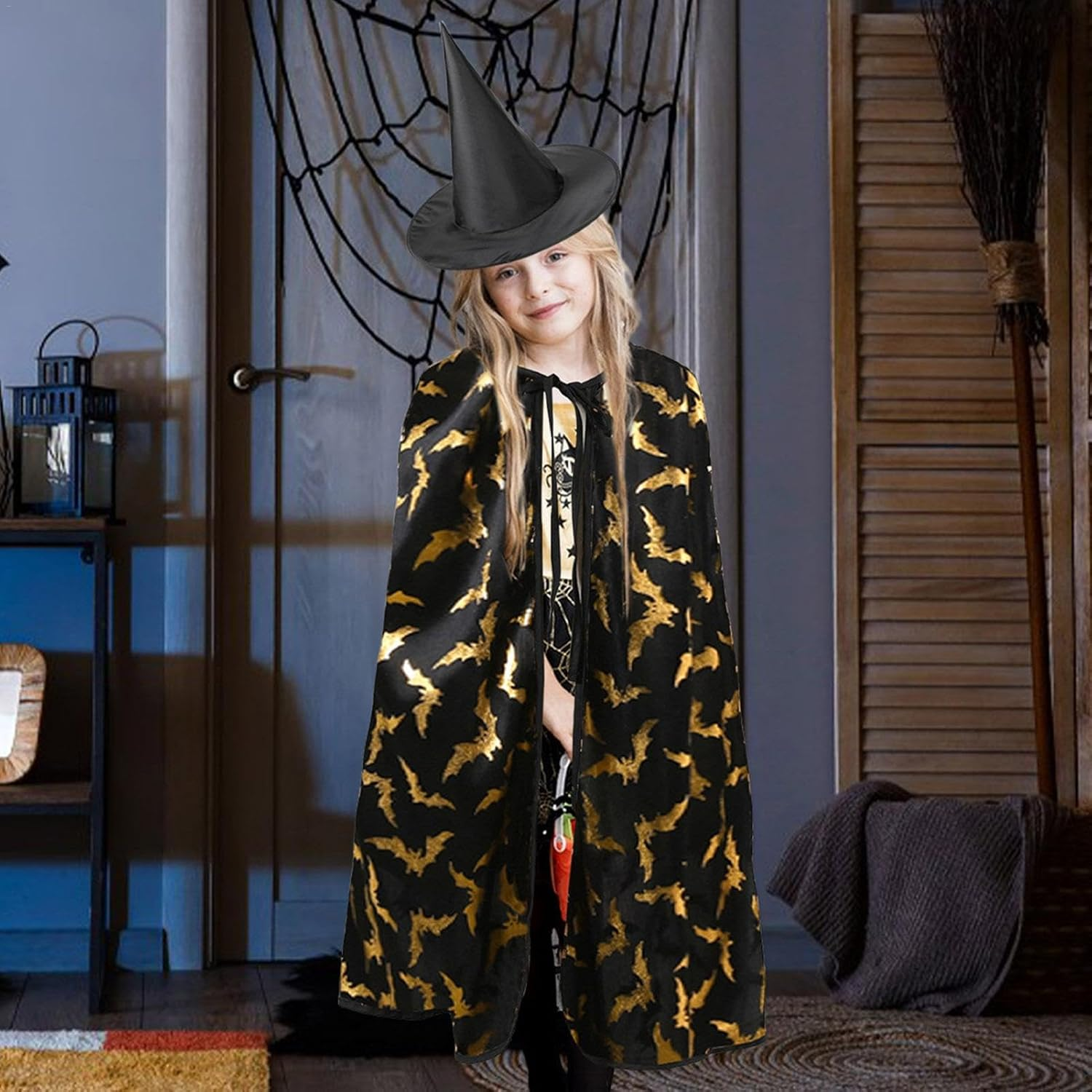 Kids Witch Costume,3X Set Halloween Witch Cape Kids - Exquisite Print Children Tie-Up Clothes for Daily Role-Playing