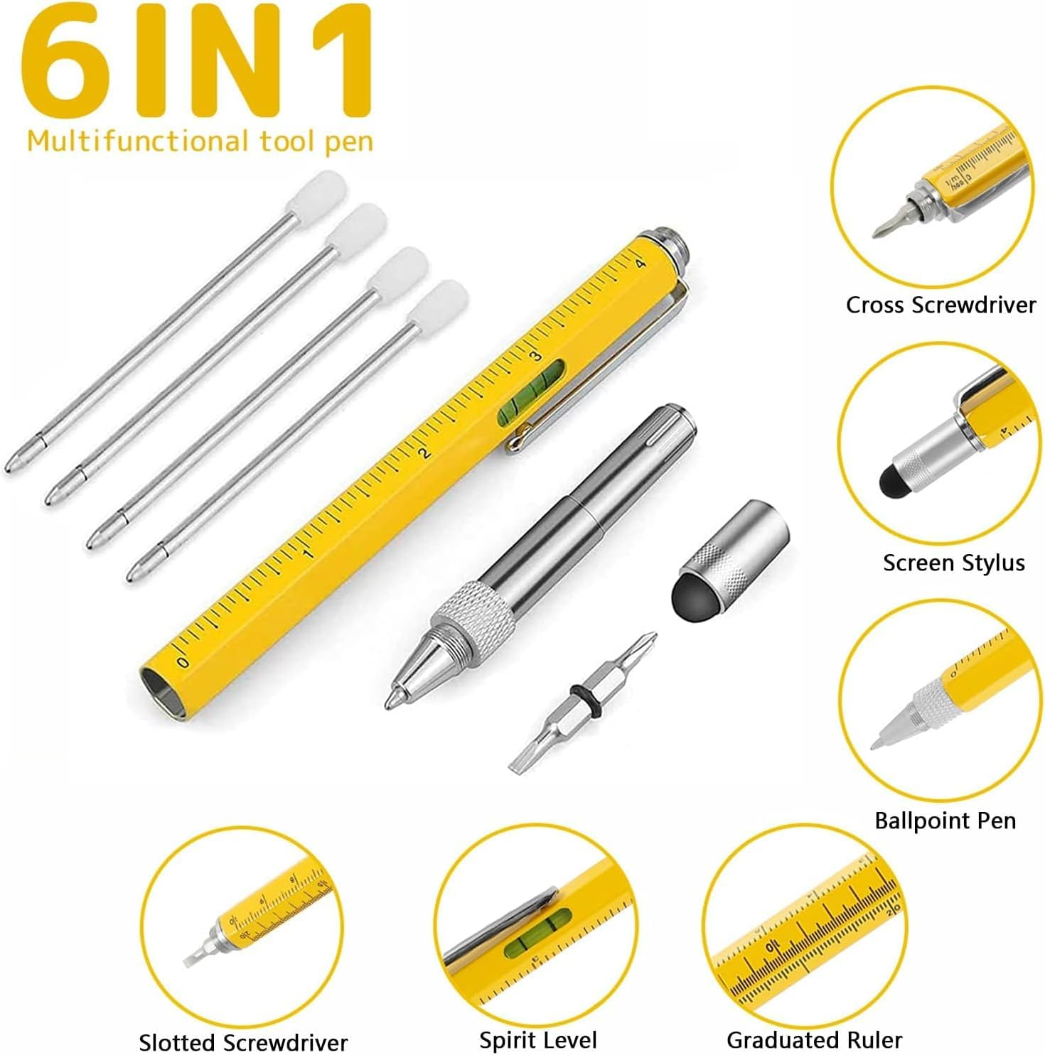 Gifts for Men, 6 in 1 Multitool Pen, Cool Gadgets Tools for Men, Birthday Gifts for Men Who Have Everything, Unique Gifts for Men, Husband, Grandpa, Engineer, Handyman (Yellow) image number 3