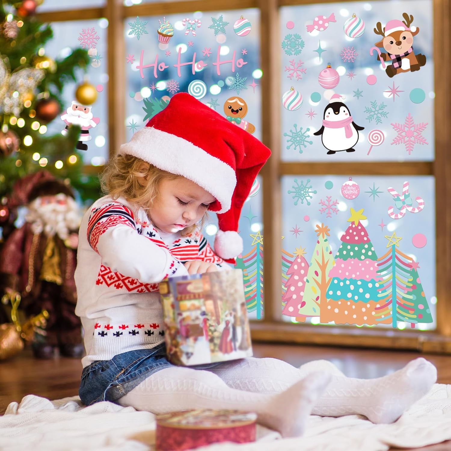 Whaline 6 Sheet Pink Christmas Window Clings Pink-Green Xmas Tree Snowflake Santa Reindeer Reusable Window Decals for Winter Holiday Home Glass Party Decor image number 1