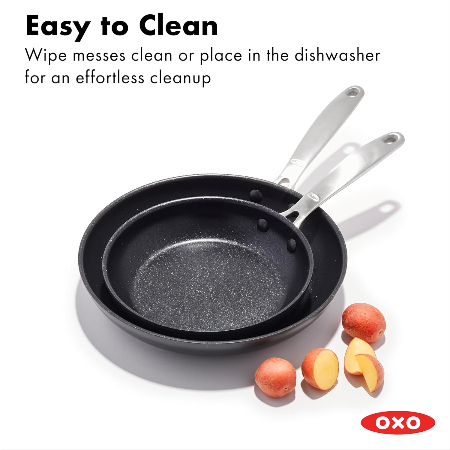 OXO Enhanced 8" and 10" Frying Pan Skillet Set, Healthy Ceramic Nonstick, Pfas-Free, Stainless Steel Handle, Dishwasher Safe, Oven Safe, Black image number 6