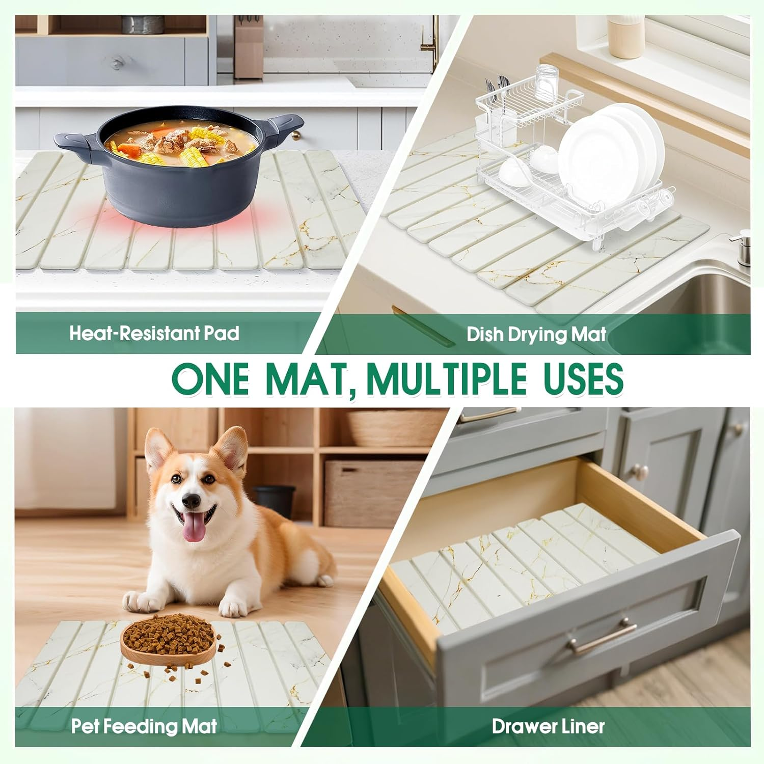 Collapsible Stone Dish Drying Mat, Stone Drying Mat for Kitchen Counter, Diatomaceous Earth Mat with Non-Slip Mesh Pad, 60 X 39 Cm (C) image number 2