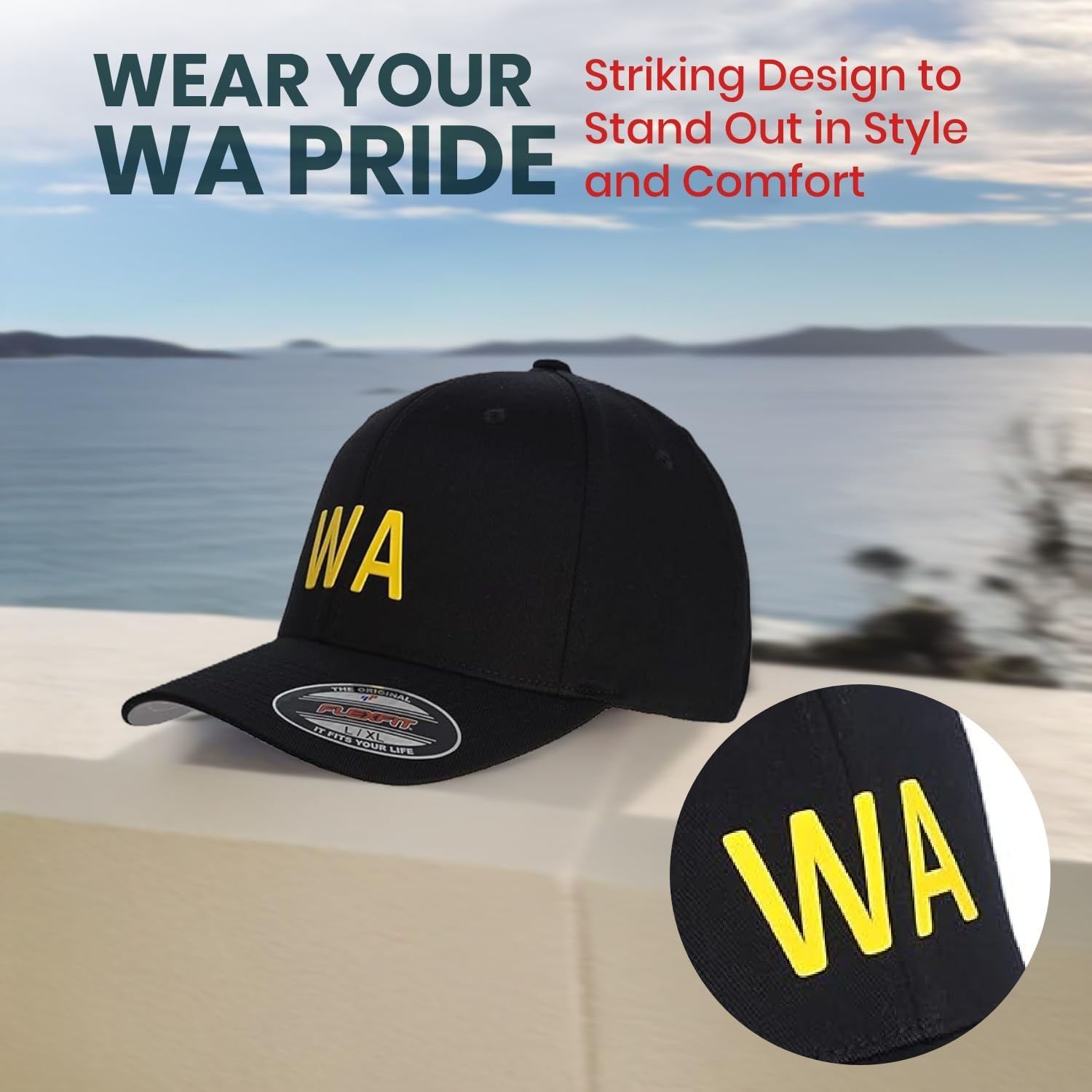 WA Supporters Cap, Flexfit 6277 Wooly Combed Baseball Cap, Acrylic-Wool, Flexfit Technology, 6-Panel, Silver Undervisor, Stretch Fitted, Premium Mid-Profile, Black with Yellow 'WA' Badge image number 3