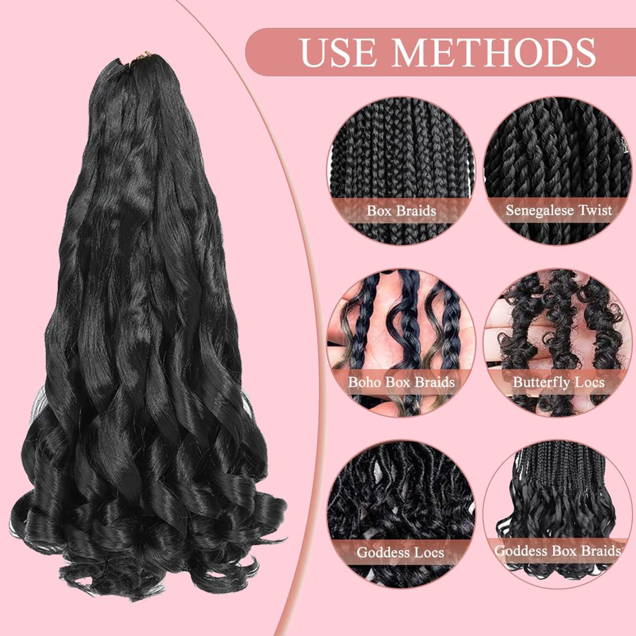 French Curls Braiding Hair 24 Inch 8 Packs Pre Stretched Loose Wave Bouncy Braiding Hair Spanish Curly Ends Synthetic Hair Extensions for Braiding (1B)