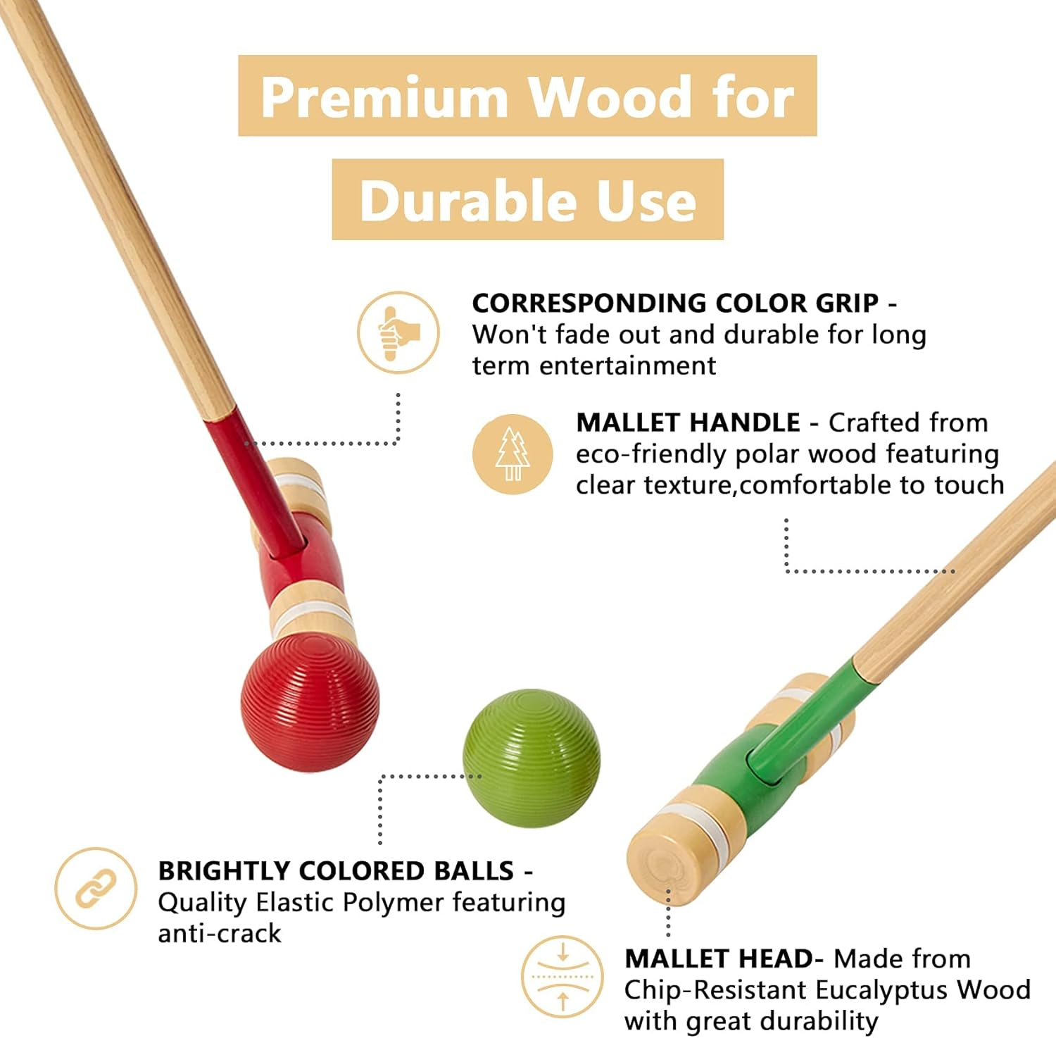 Speedarmis 8 Players Croquet Set with 32In Regulation | 28In Standard Size Rubber Wood Mallets, Colored PE Ball, Wickets, 21In End Stakes - Lawn Backyard Game Set for Teens/Adults/Family image number 5