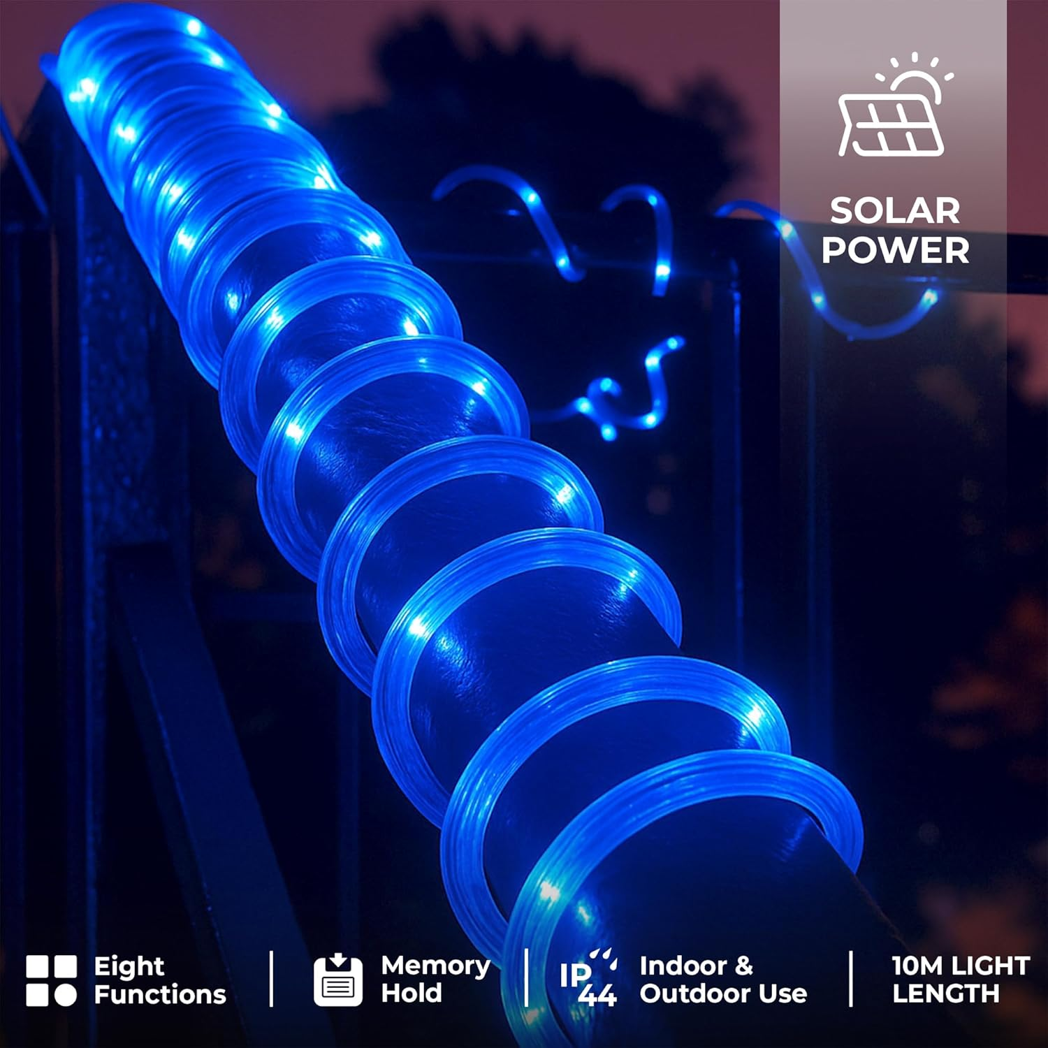 Solar Powered 10M LED Rope Light - 4 Colour Options - Blue - White image number 5