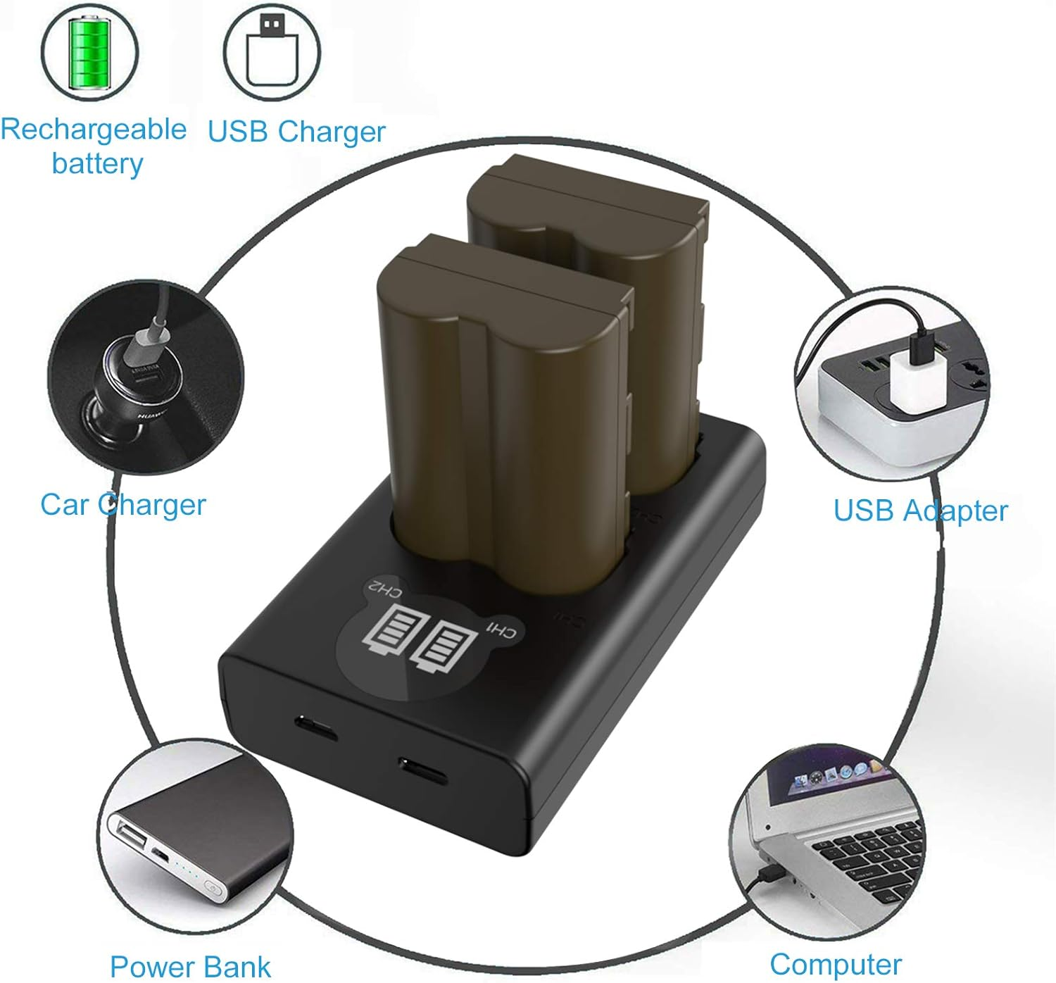 BP-511 BP-511A Battery (2 Pack) and Dual USB Charger Kit for Canon EOS BP-511 BP-511A 5D 50D 40D 20D 30D 10D Digital Rebel 1D D60 300D D30 Kiss Powershot G5 Pro 1 G2 G3 G6 G1 Pro90 image number 5