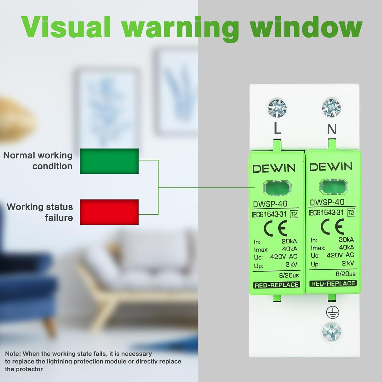 Victool Voltage Arrester Device, House AC 420V Low-Voltage Arrester Device, 35Mm DIN Rail Mounting (2P40KA) image number 6