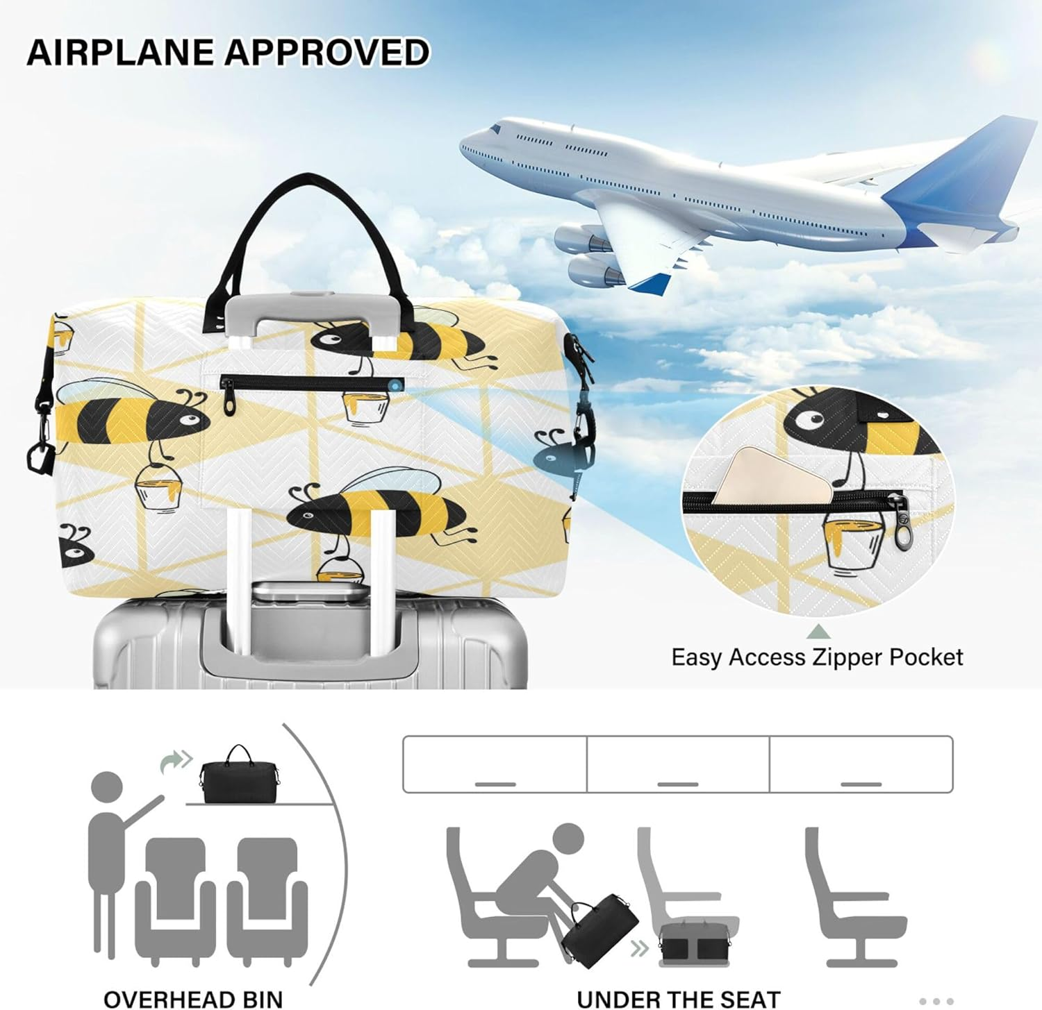 Travel Hand Bag Gym Sports Duffel Bags Travel Weekender Gear Bag with Toiletry Bag for Trip Multifunctional Funny Bees Curved Honey, Multi, 1 Size, Modern/Fitted, Multi, 1 Size, Modern/Fitted image number 1