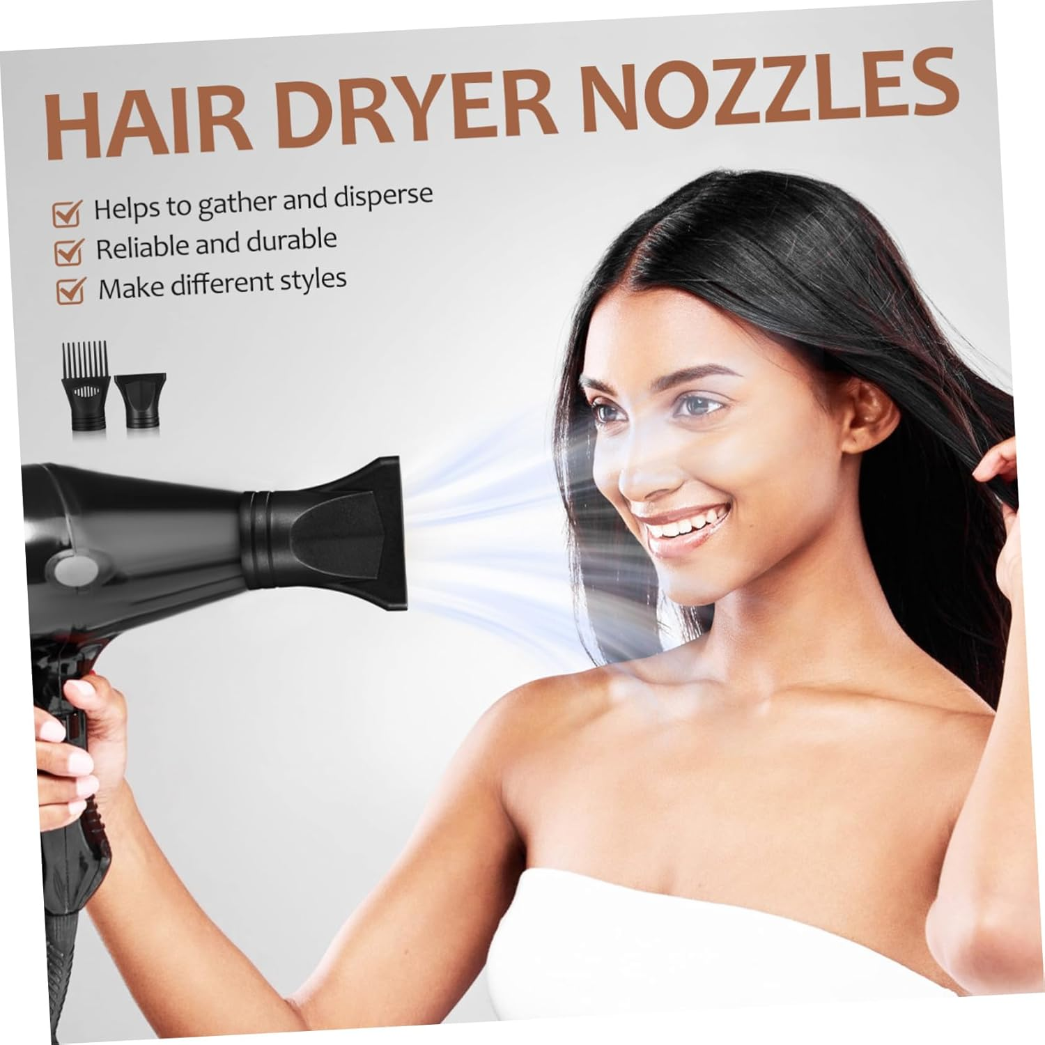 WOONEKY 2 Pcs Professional Hair Dryer Nozzle Attachments Universal Blow Dryer Comb Diffuser Flat Head + Long Comb Nozzle Hair Dryer Accessories for and Styling image number 2