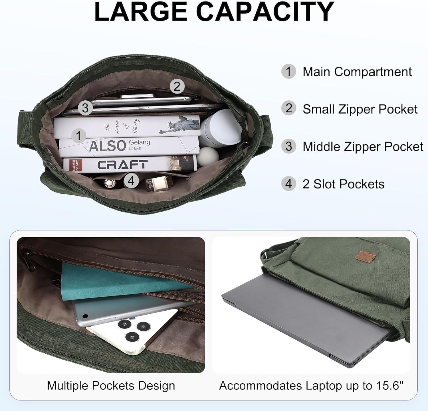 Canvas Messenger Bag,Chase Chic Large Laptop Crossbody Sholder Satchel Work College Tote Bag for Men Women - Coffee image number 5