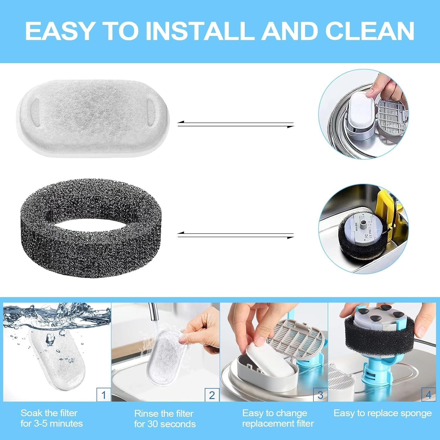 Cat Water Fountain Filters, 16 Pack Cat Fountain Filters, Cat Fountain Replacement Filters for 67Oz/2L&108Oz/3.2L Stainless Steel Cat Water Fountain, Pet Water Fountain Filters (8 Filters & 8 Sponges)