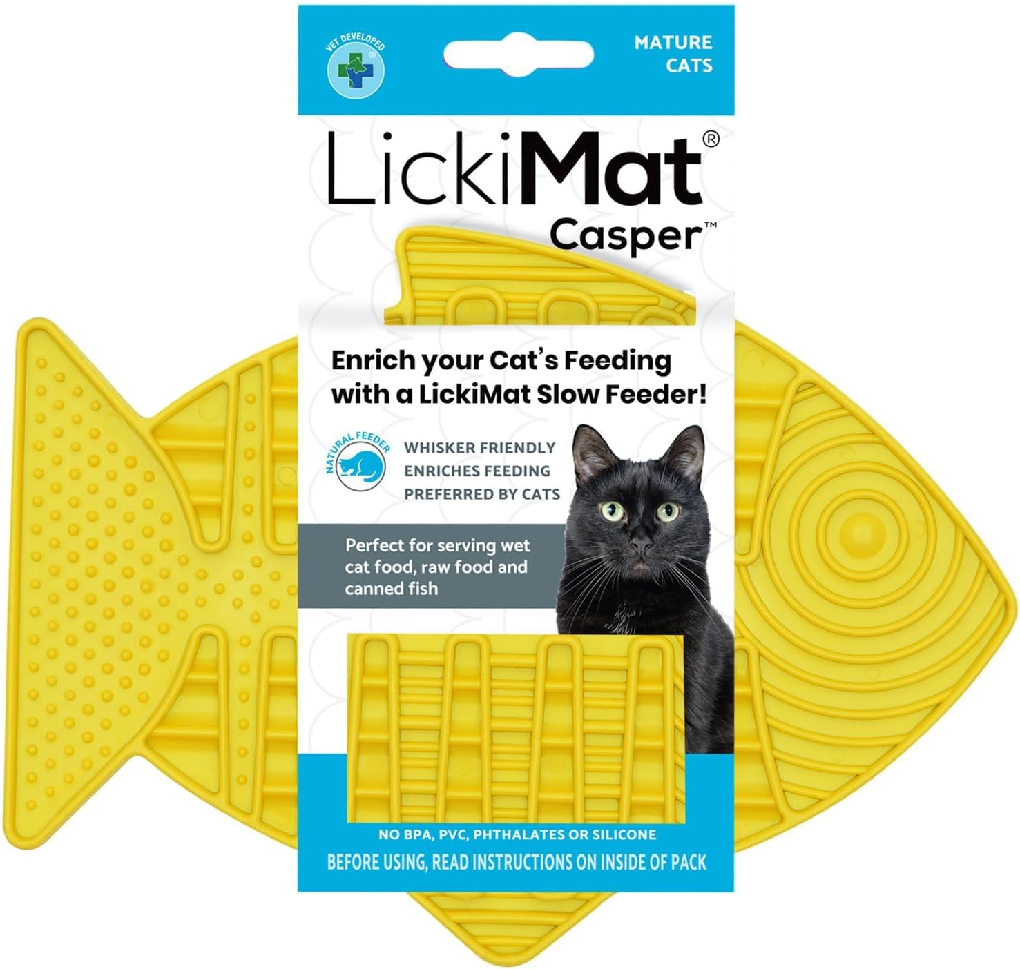 Lickimat Casper, Fish-Shaped Cat Slow Feeders Lick Mat, Boredom Anxiety Reducer; Perfect for Food, Treats, Yogurt, or Peanut Butter. Fun Alternative to a Slow Feed Cat Bowl or Dish, Yellow image number 2
