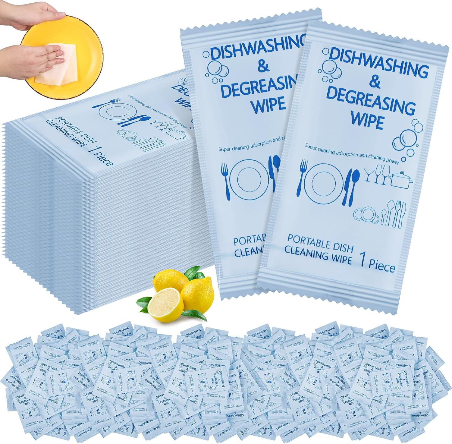 Tondiamo 300 Pcs Portable Wipes Dish Wipes Single Use Wet Wipes Individually Wrapped Traveling Dish Wipe with Lemon Scent for Quick Work Family Outdoor Camping image number 3
