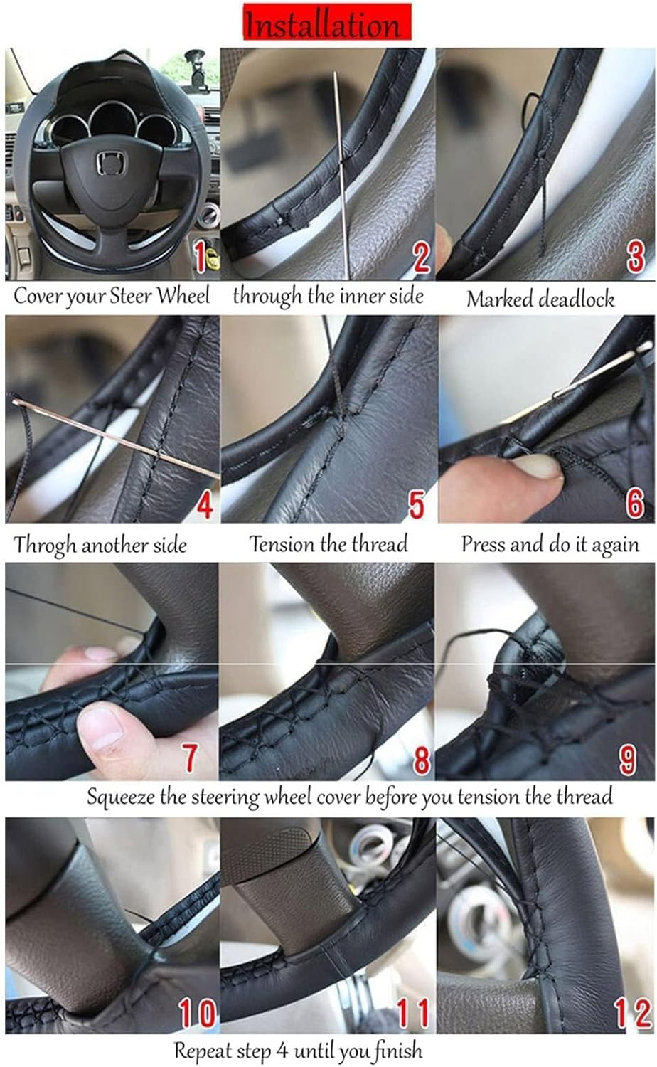 AUTOXBERT 38Cm/15 Inch Hand Sewing Steering Wheel Cover Breathable Anti-Slip Leather Steering Wheel Cover for Nissan Qashqai Toyota Camry RAV4 VW Golf - Grey image number 4