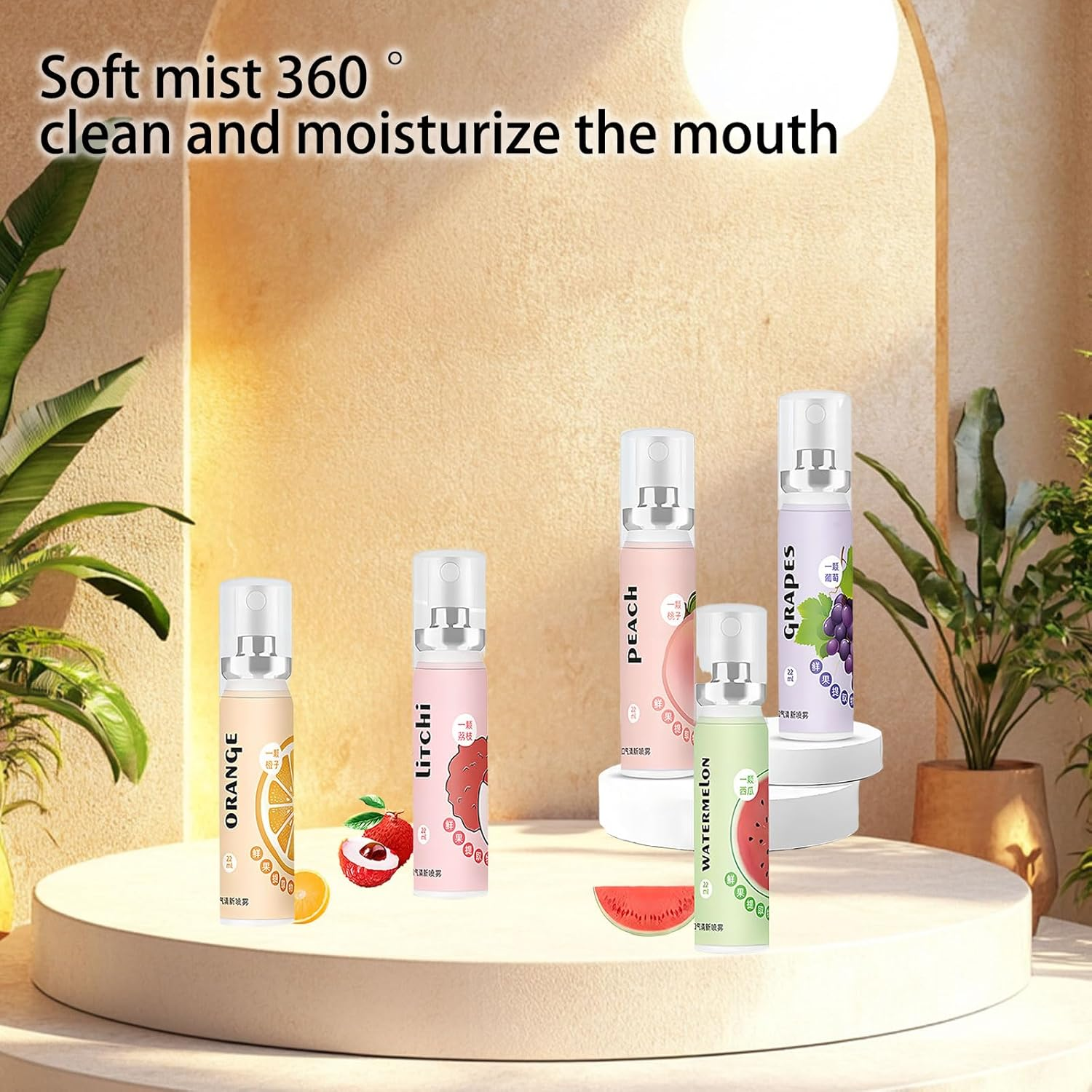 5 Pack Long-Lasting Mouth Spray,5 Fruits Flavors 20Mlbreath Spray, Apply to Fresh Breath and Oral Hygiene Care (Peaches, Lychees, Grapes, Oranges, Watermelons) image number 2