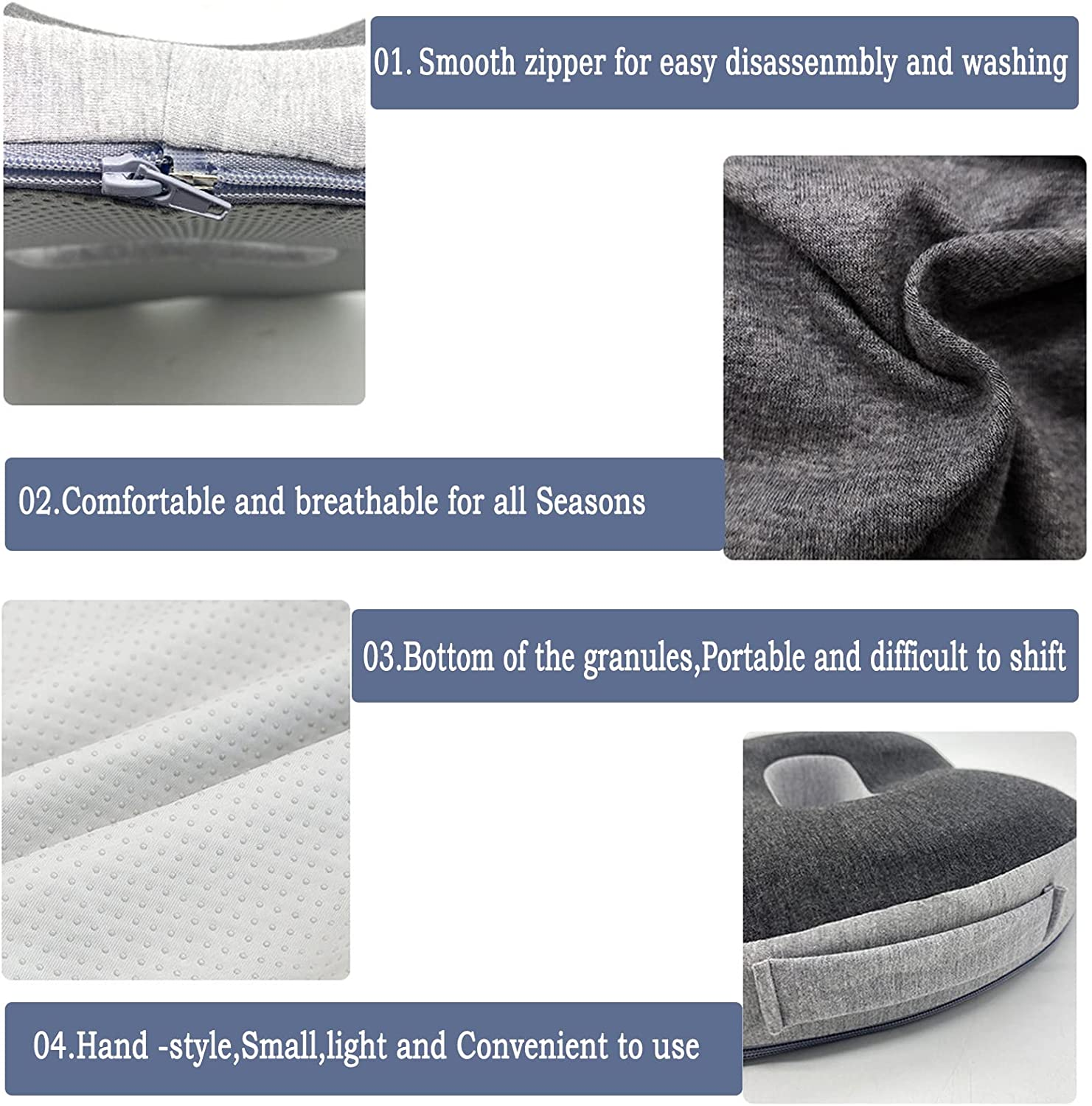 Seat Cushion with Non-Slip Bottom.Memory Foam Pad Donut Cushion for Tailbone and Coccyx Pain Relief,Hemorrhoid Orthopedic Car Seat,Lumbar and Lower Back Pain Support,For Wheelchair,Office Chair(Grey) image number 4