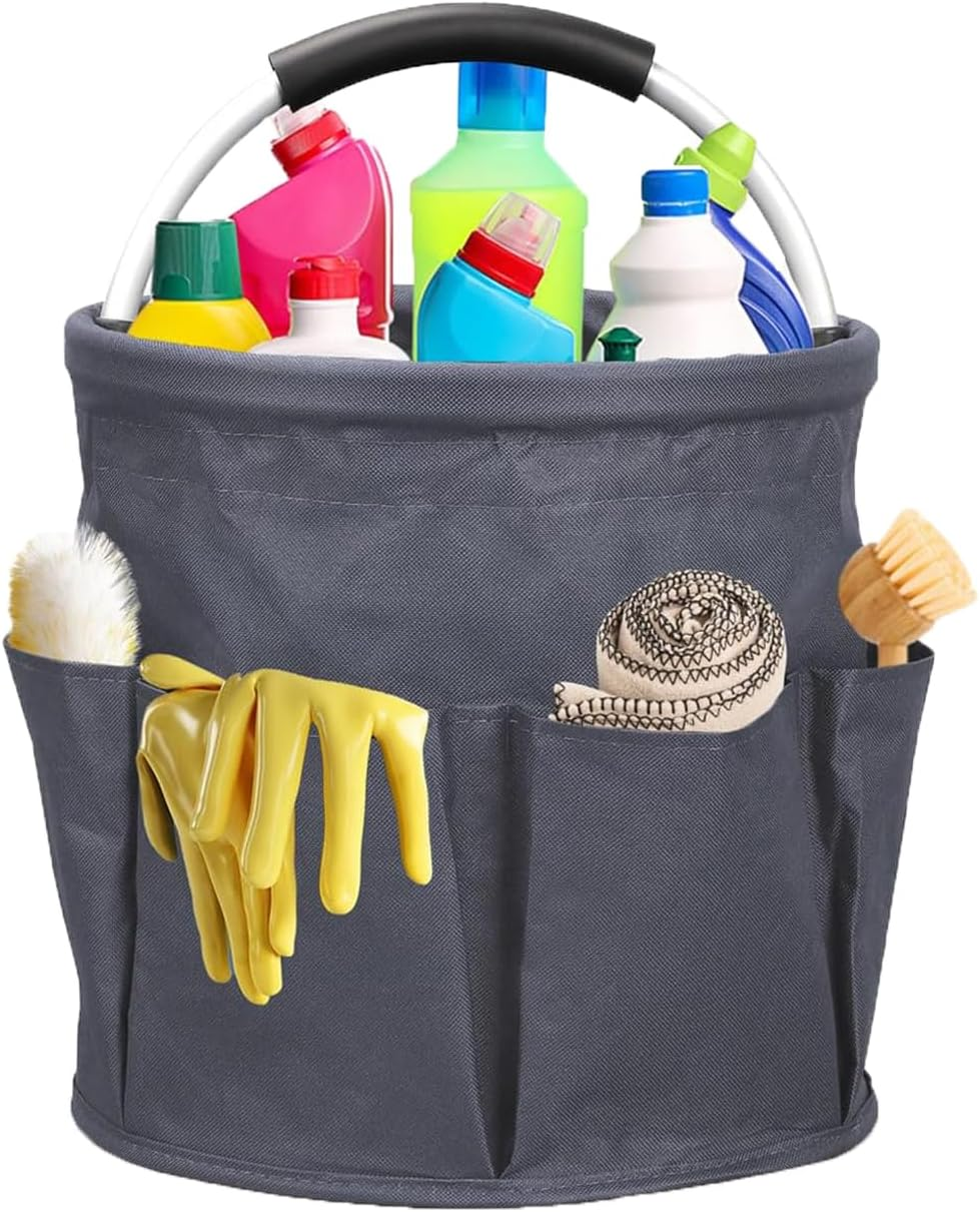 Cleaning Supplies Organiser, Cleaning Bag, Foldable Cleaning Bag, Cleaning Bag, Cleaning Agent Organiser Portable with Handle and Six Pockets for Indoor, Garden, Bathroom, Black (Pink)