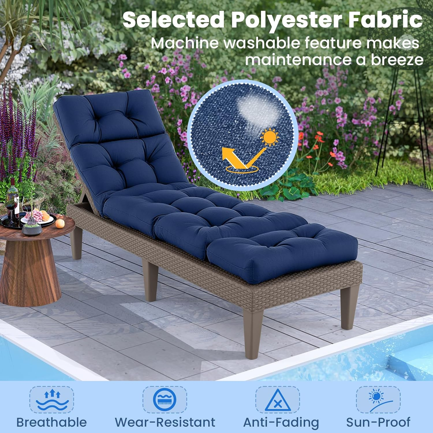 Costway Sunlounger Chair Cushion, High Back Recliner Cushion with 4 Fixing Ties, Thick Padded Reclining Chair Rocking Cushion for Outdoor Indoor (Only Cushion) (1, Navy, 186 X 56 X 11 Cm) image number 1