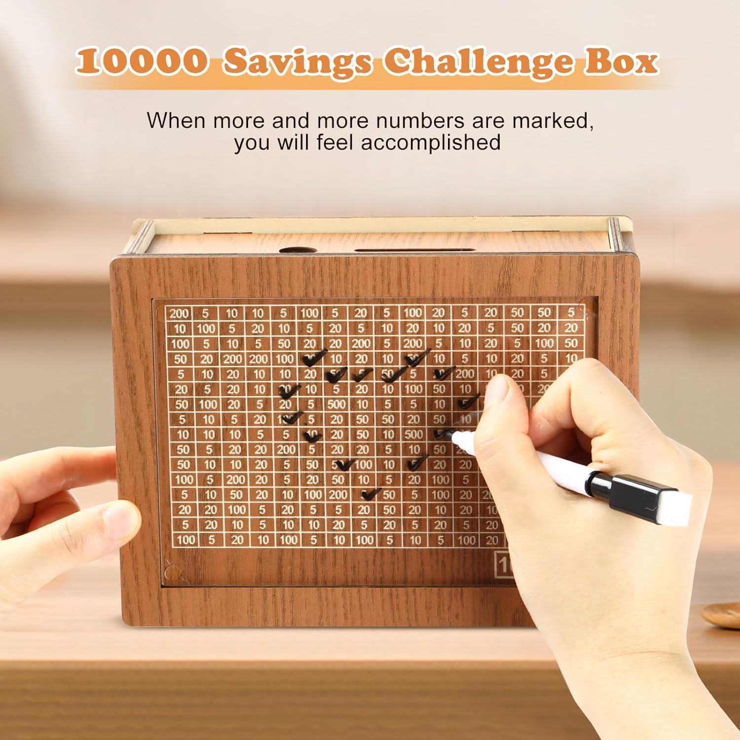 10000 Savings Challenge Box, Cashbox Kakeibo Money Box, Cash Vault Wooden Savings Box 10,000 Dollar, Wooden Digital Piggy Bank for Adults Kids, Money save Box 10K with Erasable Pen, Money Saver image number 5