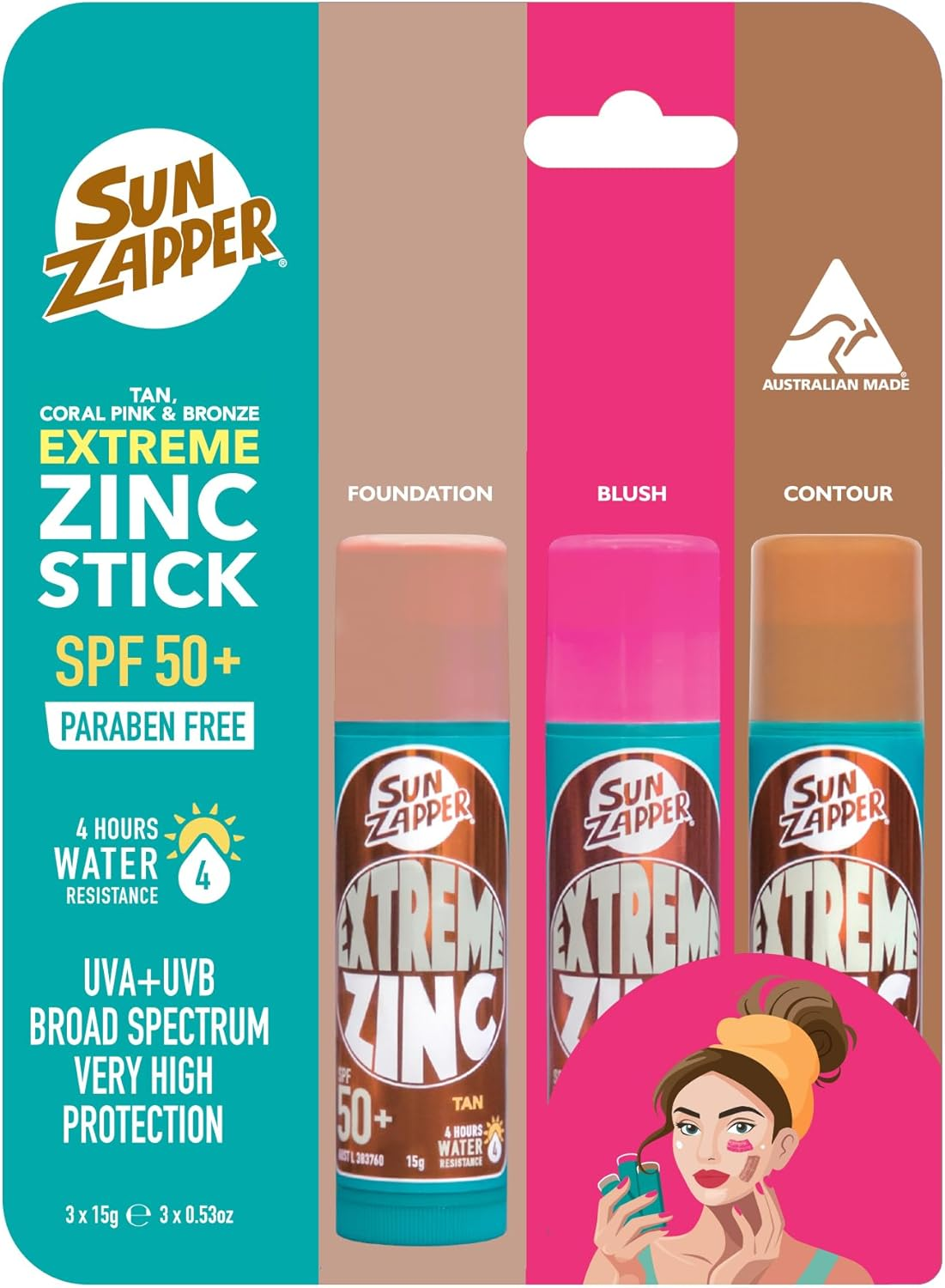 Sun Zapper Extreme Sunscreen Zinc Stick - BEAUTY Tan, Pink, Bronze 3-Pack SPF50+ Colored Zinc Oxide Sticks for Face - Made in Australia 45G image number 6