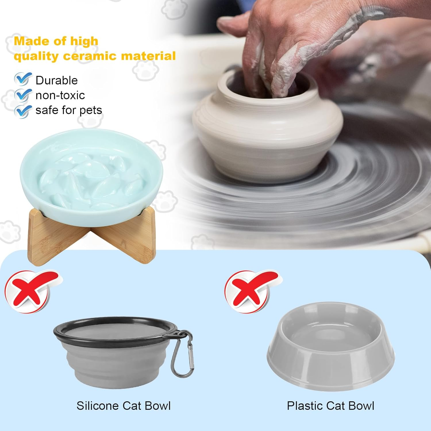 Raised Cat Bowl, Elevated Cat Bowls with Wood Stand Ceramic Raised, Cat Slow Feeder Bowl, anti Vomiting and Protect Pets' Spines Dishes for Small Dog, Fat Faced Cat, Kitten 16.25&times;2.9Cm (Blue) - Blue image number 5