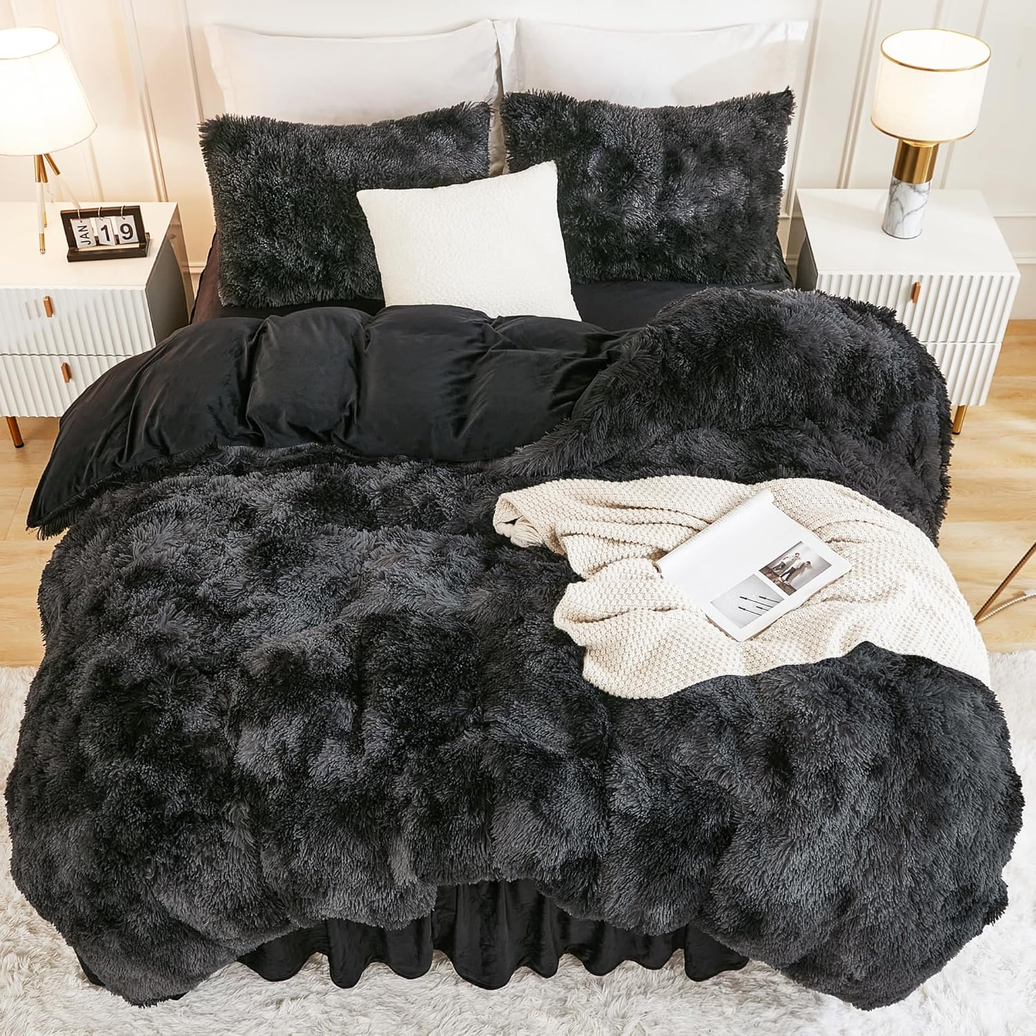 Andency Faux Fur Tie-Dyed Black Grey Comforter for Queen Size Bed, 3 Pieces Fluffy Fuzzy Plush Bedding Set (1 Shaggy Velvet Comforter & 2 Pillowcases), Soft Puffy down Bedding Set image number 2