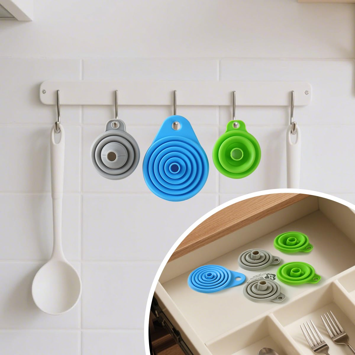 6 Pack Silicone Collapsible Funnels for Kitchen Use Filling Bottles, 3 Small and 3 Large Food Grade Kitchen Funnel Set for Filling Water, Oil, Spices, Powder &ndash; Silicone Funnels with Hook for Storage image number 1