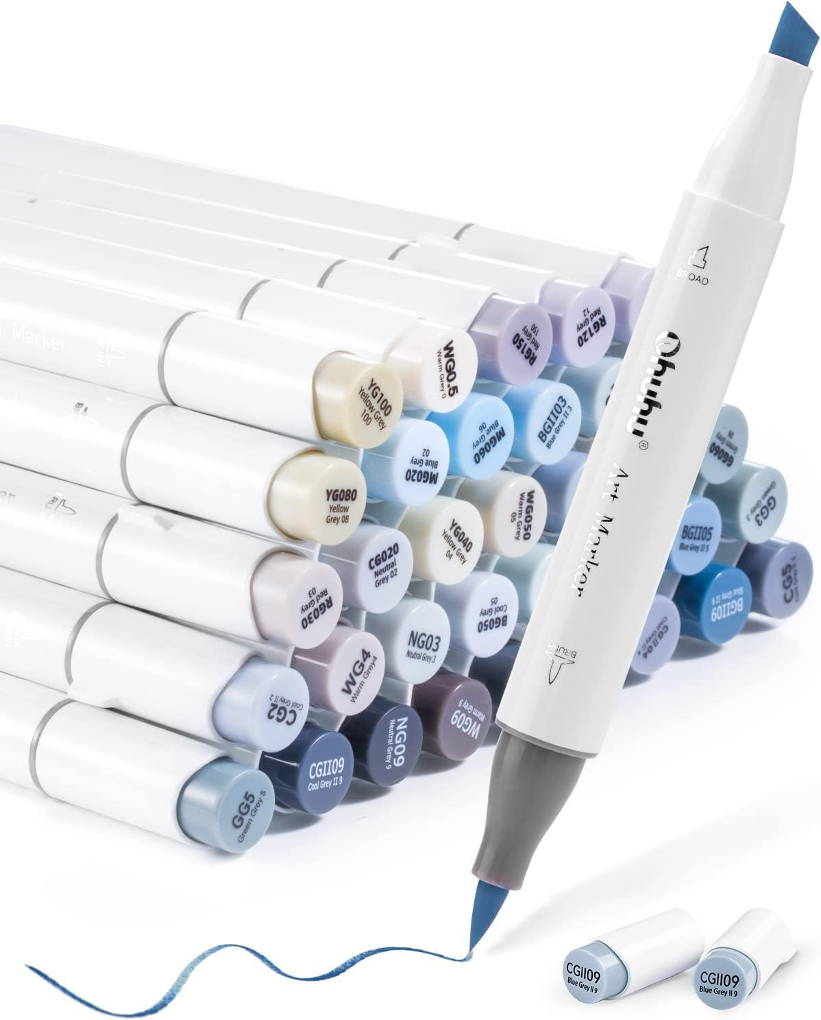 Basic-Color Alcohol Art Markers Set, Ohuhu Dual Tip, Brush & Chisel, Sketch Marker, Alcohol-Based Brush Markers, Comes W/ 1 Blender for Sketching, Adult Coloring, and Illustration Visit the Ohuhu Store (36 Pcs) image number 3